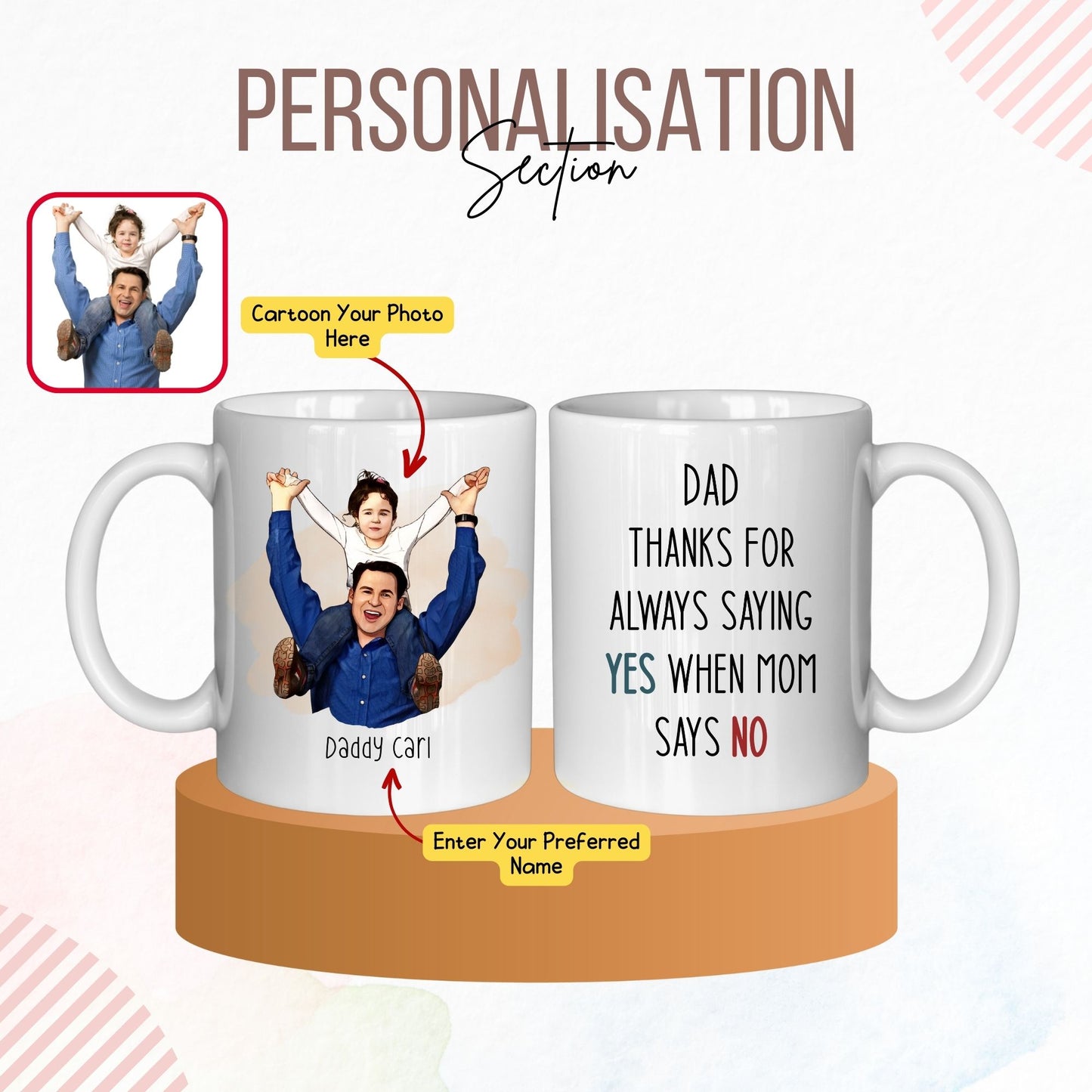 Custom Cartoon Dad Saying Yes Mom Says No Mug