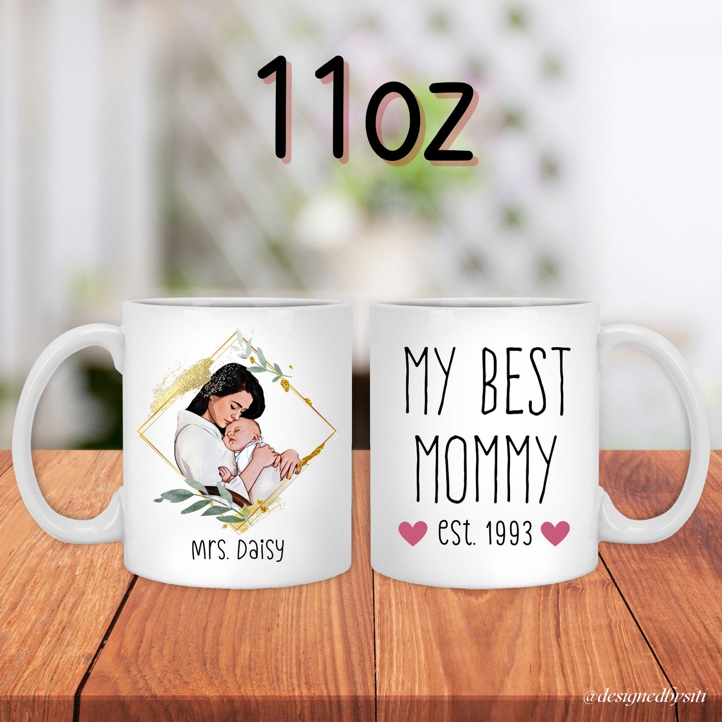 A personalised 11oz mug with cartooned photo of mom and her baby with personalised name and date of birth