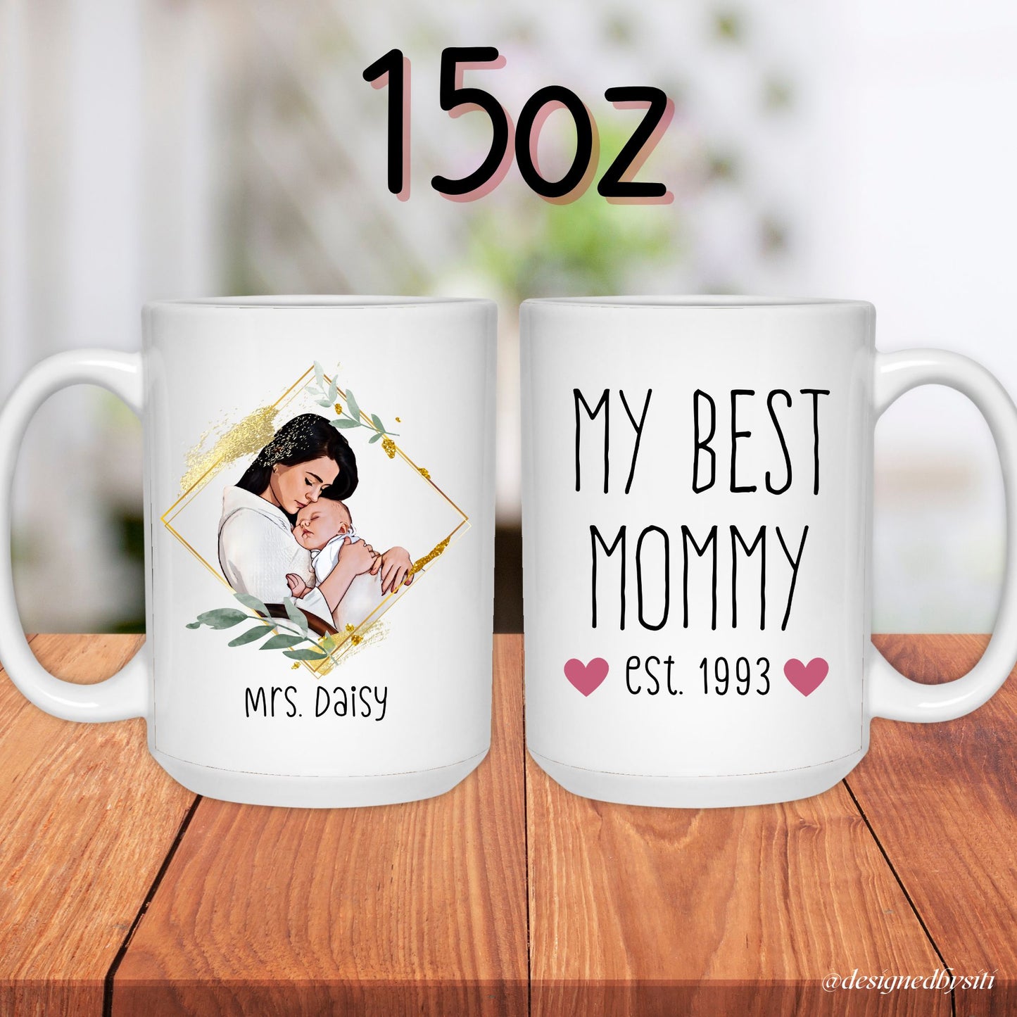A personalised 15oz mug of a custom cartoon photo mug with quote My Best Mommy and personalised name and date of birth