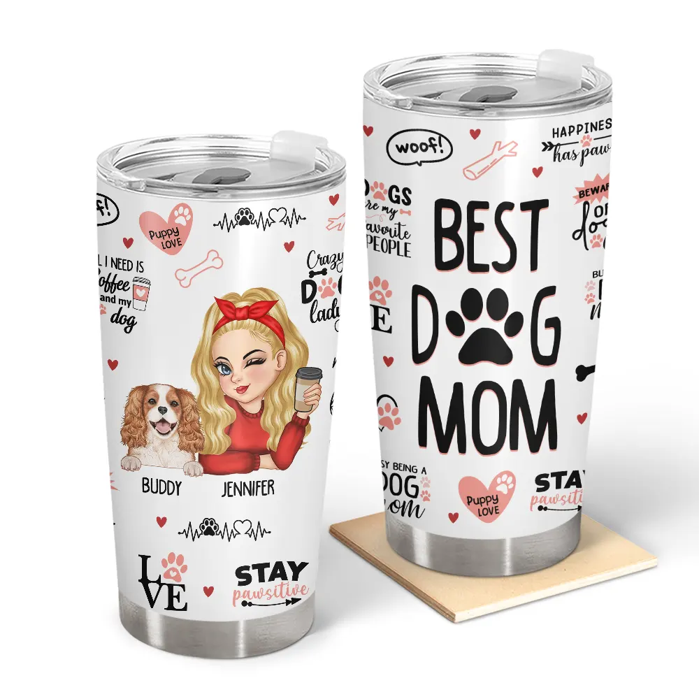 White 20oz stainless steel tumbler with dog-themed design