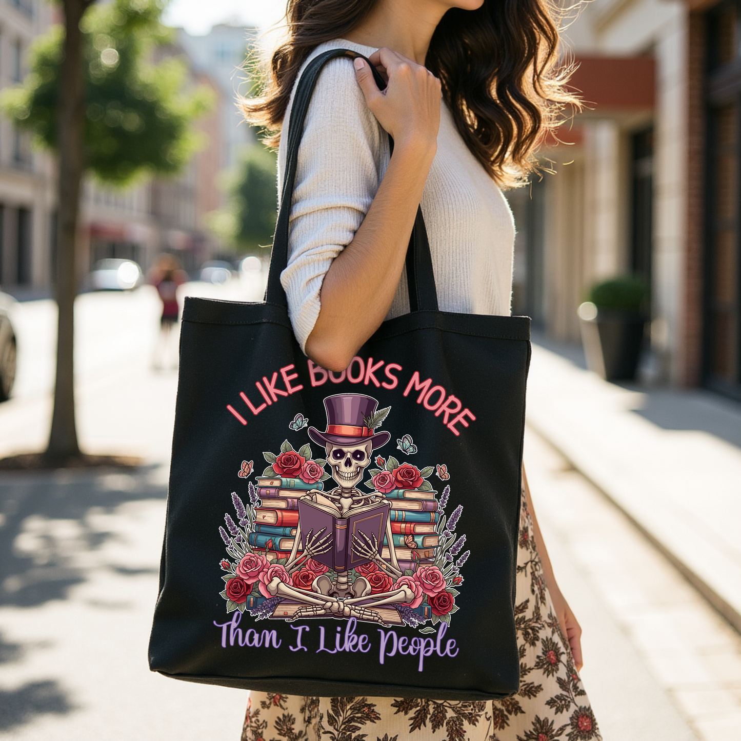 Skeleton Floral Book Lover Tote Bag