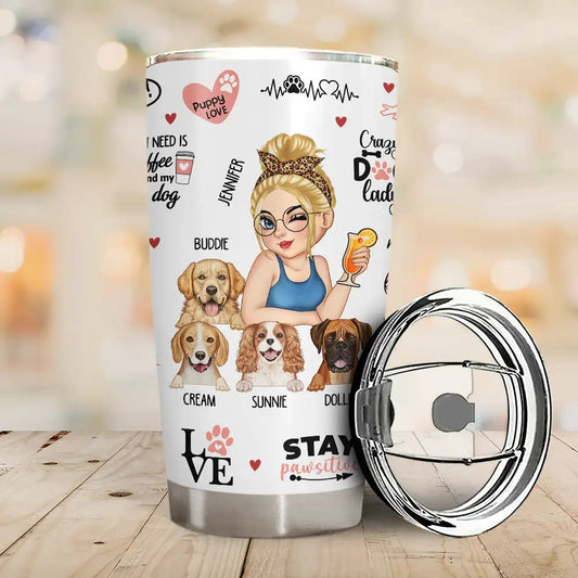Personalized dog mom gift tumbler with pet names and fun illustrations