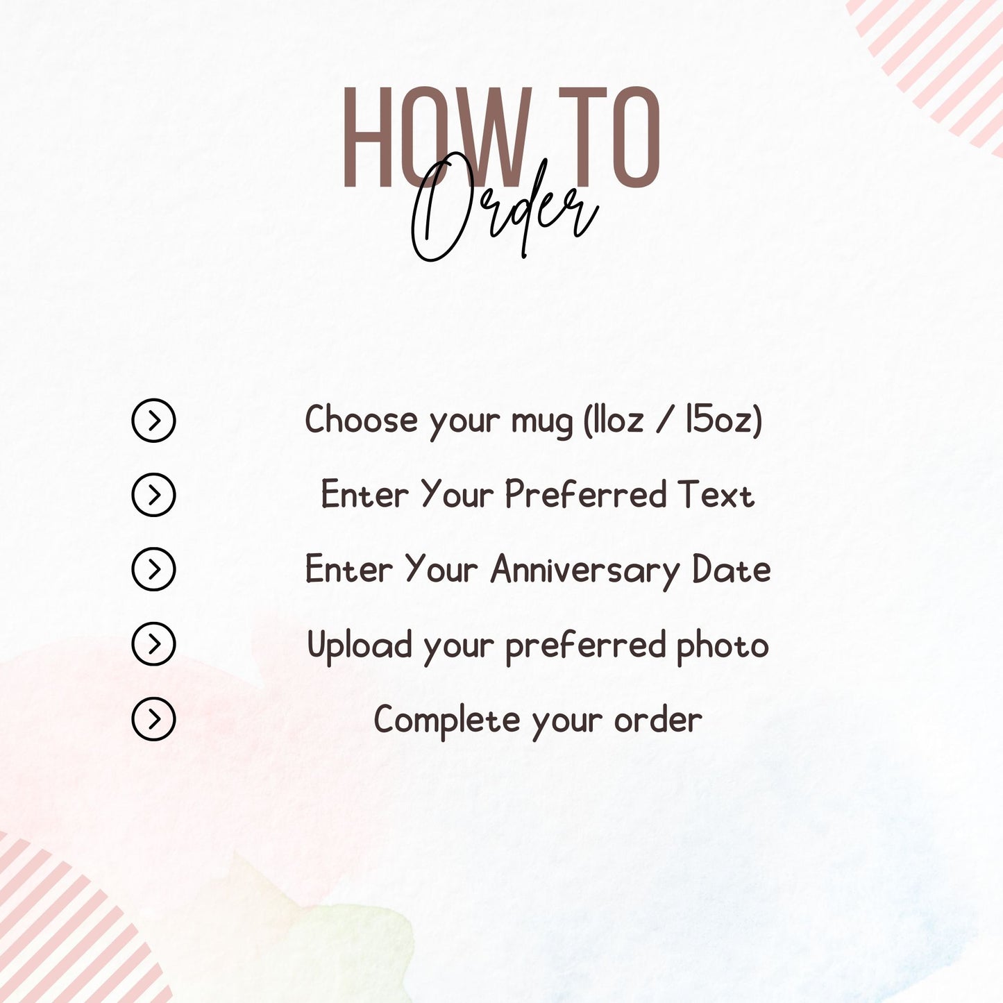 Easy steps to order a personalized mug: Choose size, enter your preferred text, add an anniversary date, upload a photo, and complete your purchase.