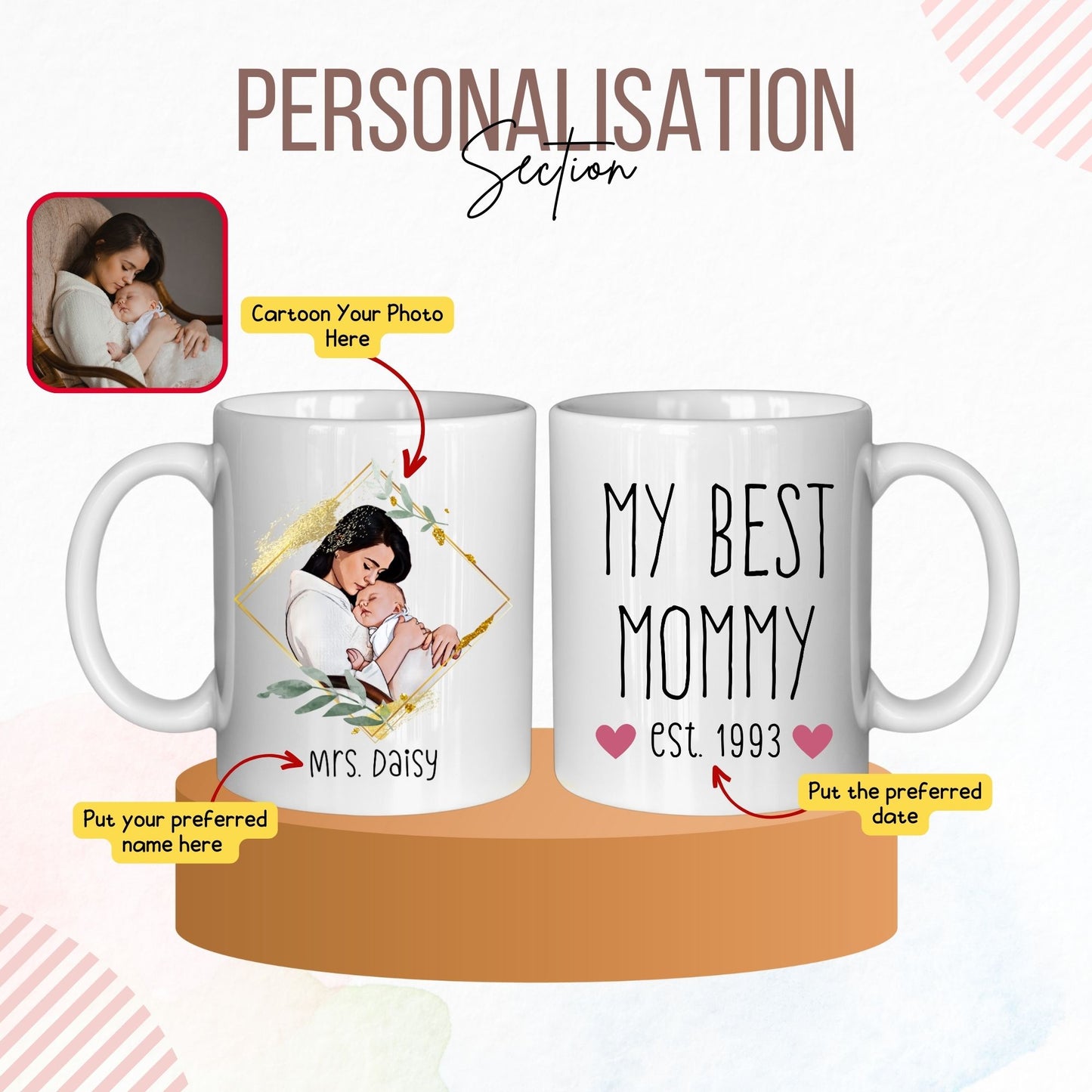Customize your mug with a cartoon version of your photo, a name, and an anniversary date. A unique and thoughtful gift for couples and loved ones.