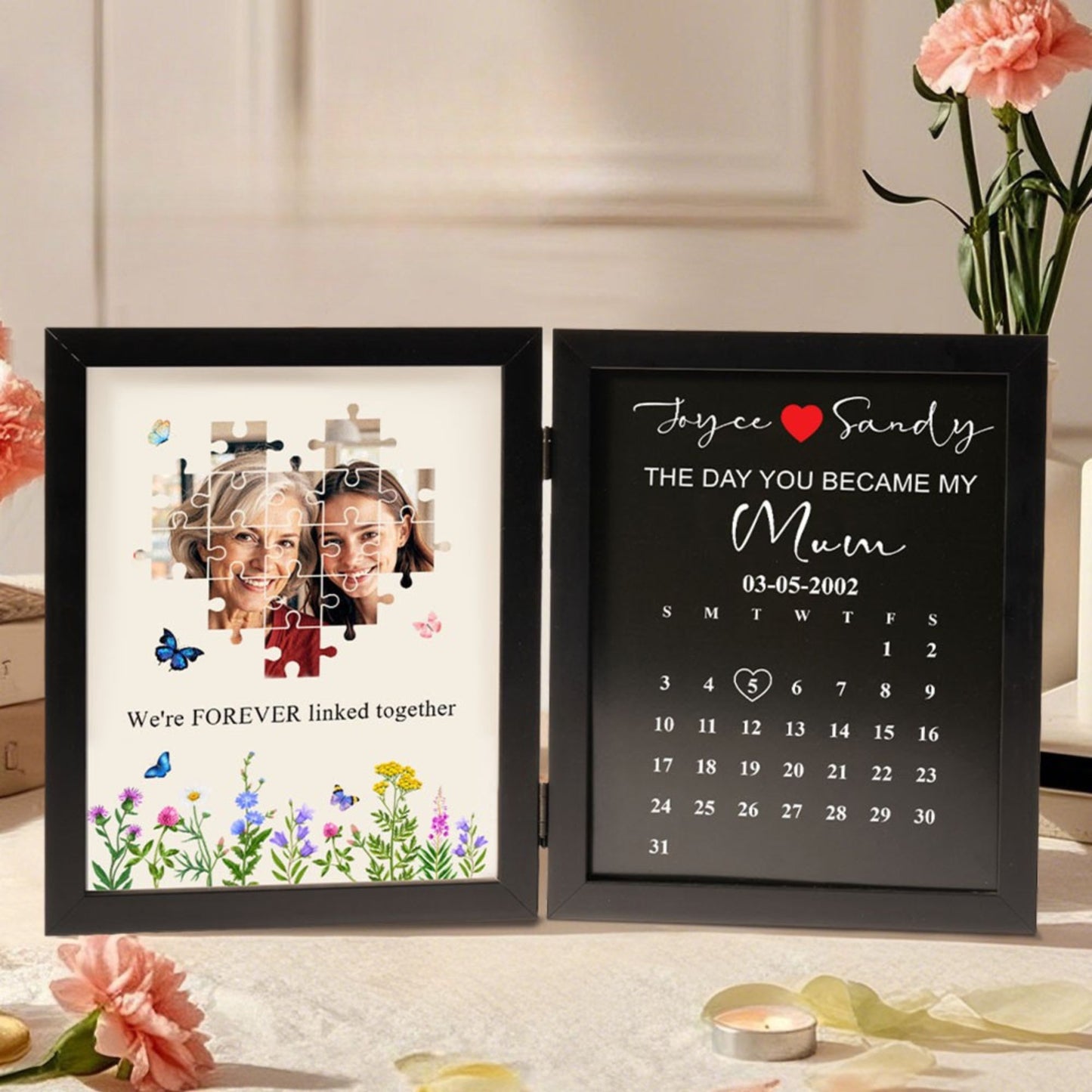 Mother’s Day gift frame featuring names, a heart, and a photo puzzle