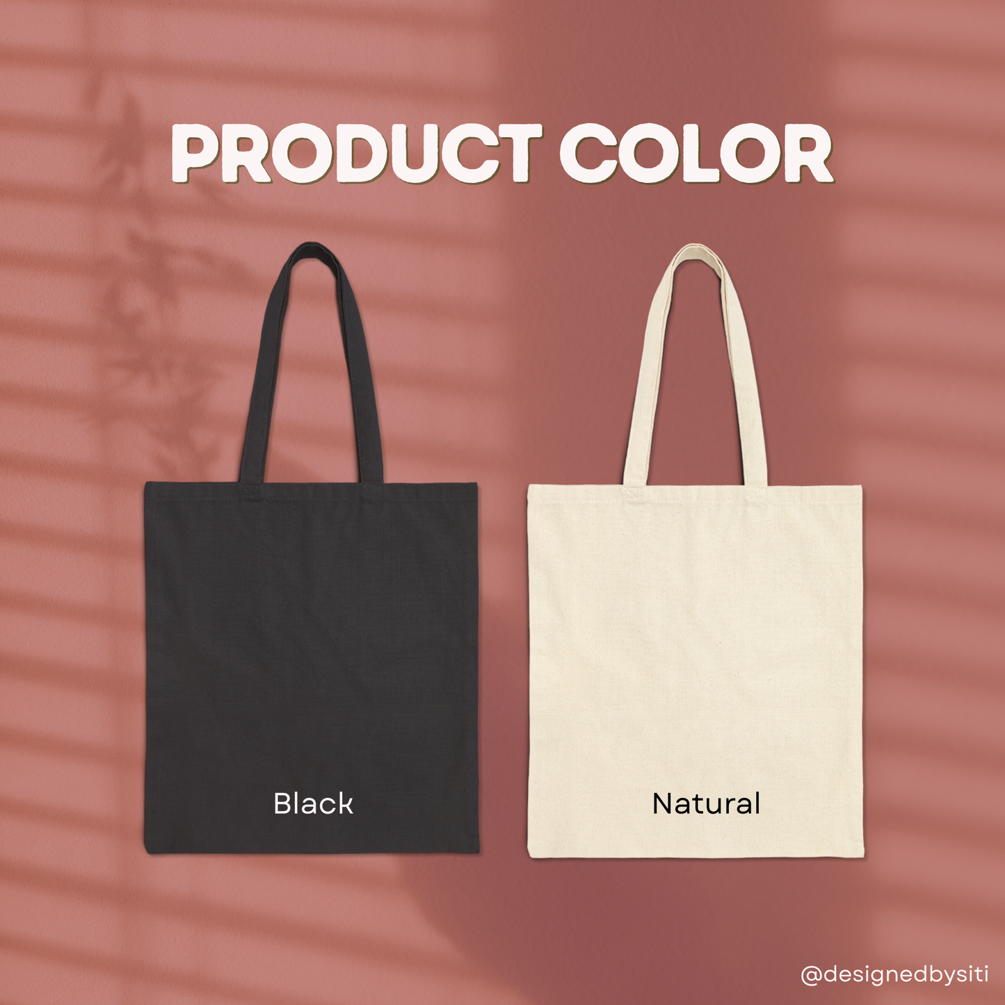 Black and natural tote bags on a textured red-brown background with 'Product Color' text.