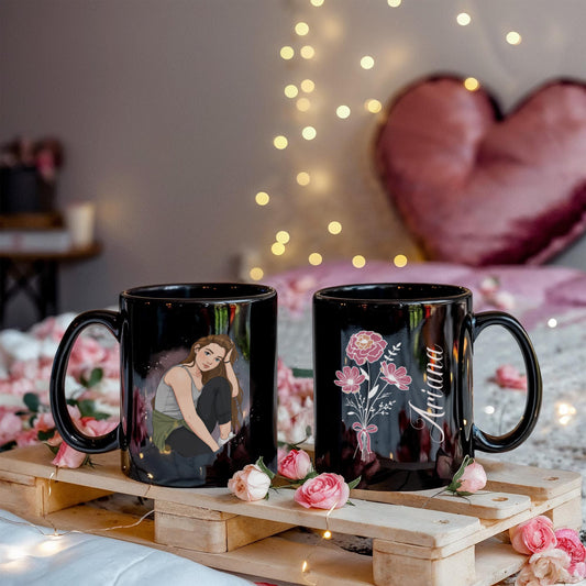 Personalized Cartoon Portrait Mug - Custom Photo with Name & Floral