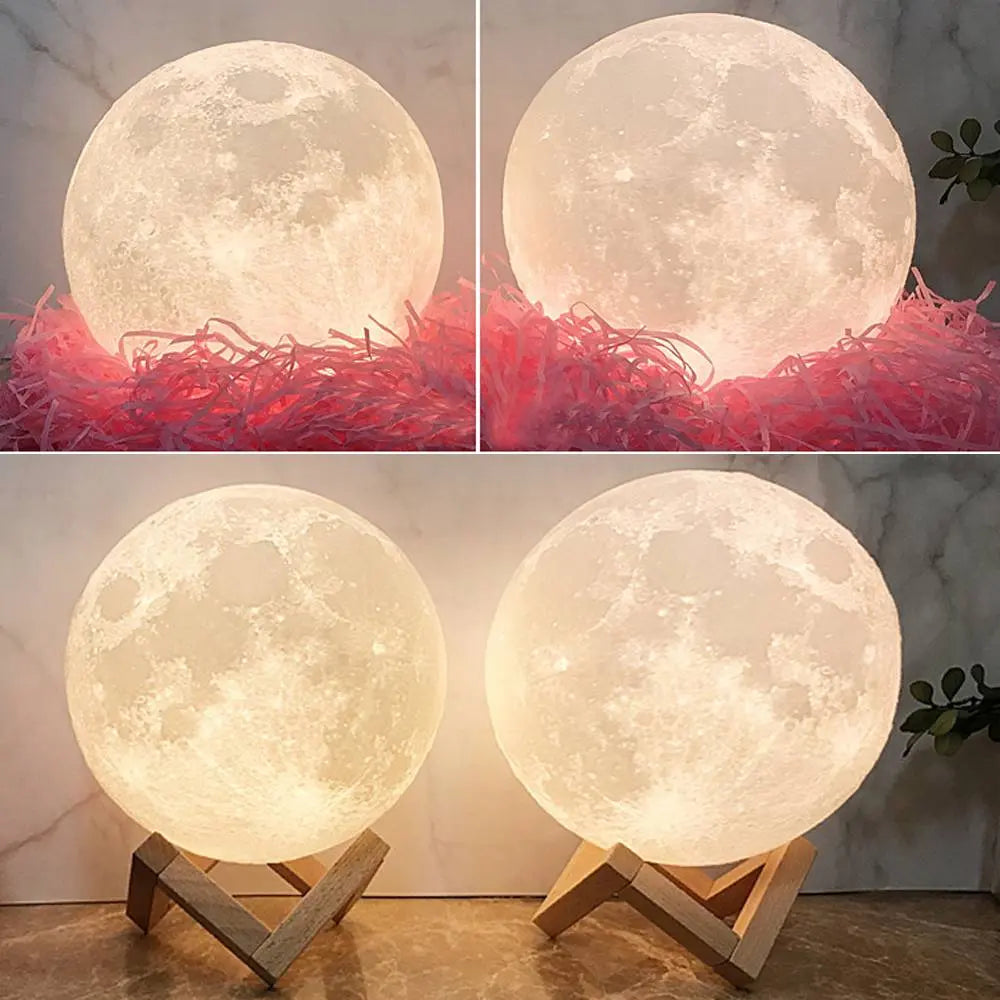 Personalized LED moon lamp with photo of friends laughing, glowing soft white light.