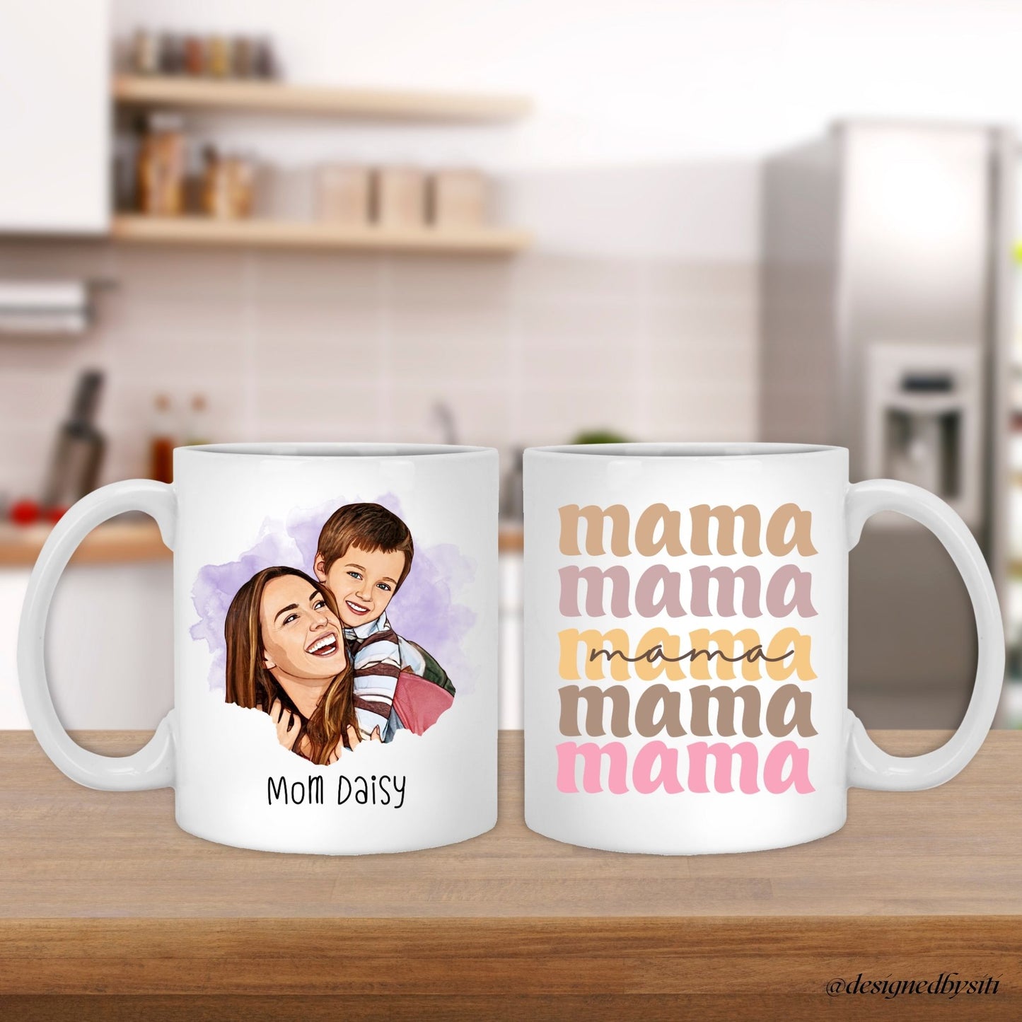 Personalized cartoon photo mug where you can cartoon your own photo with the personalised text "Mom Daisy" where you can put your own preferred name or text such as "Happy Birthday Mom". A perfect mothers day mug and thoughtful gift for mom.