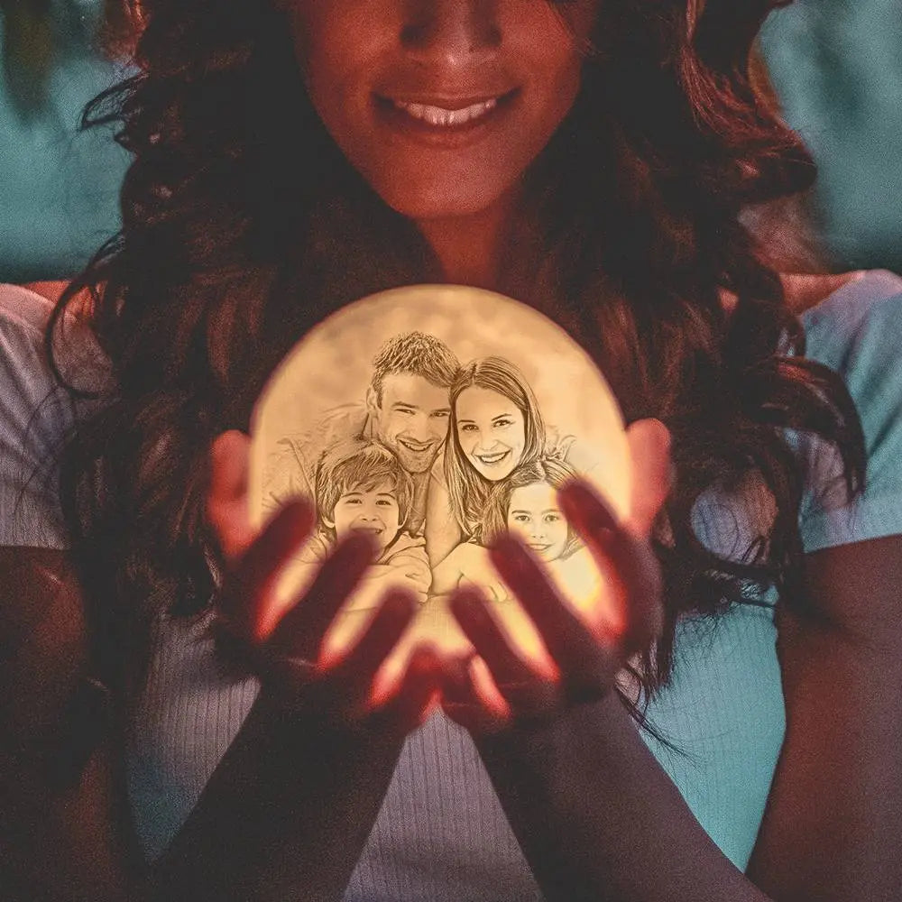 3D printed moon lamp with photo of child and parent, perfect personalized night light gift.