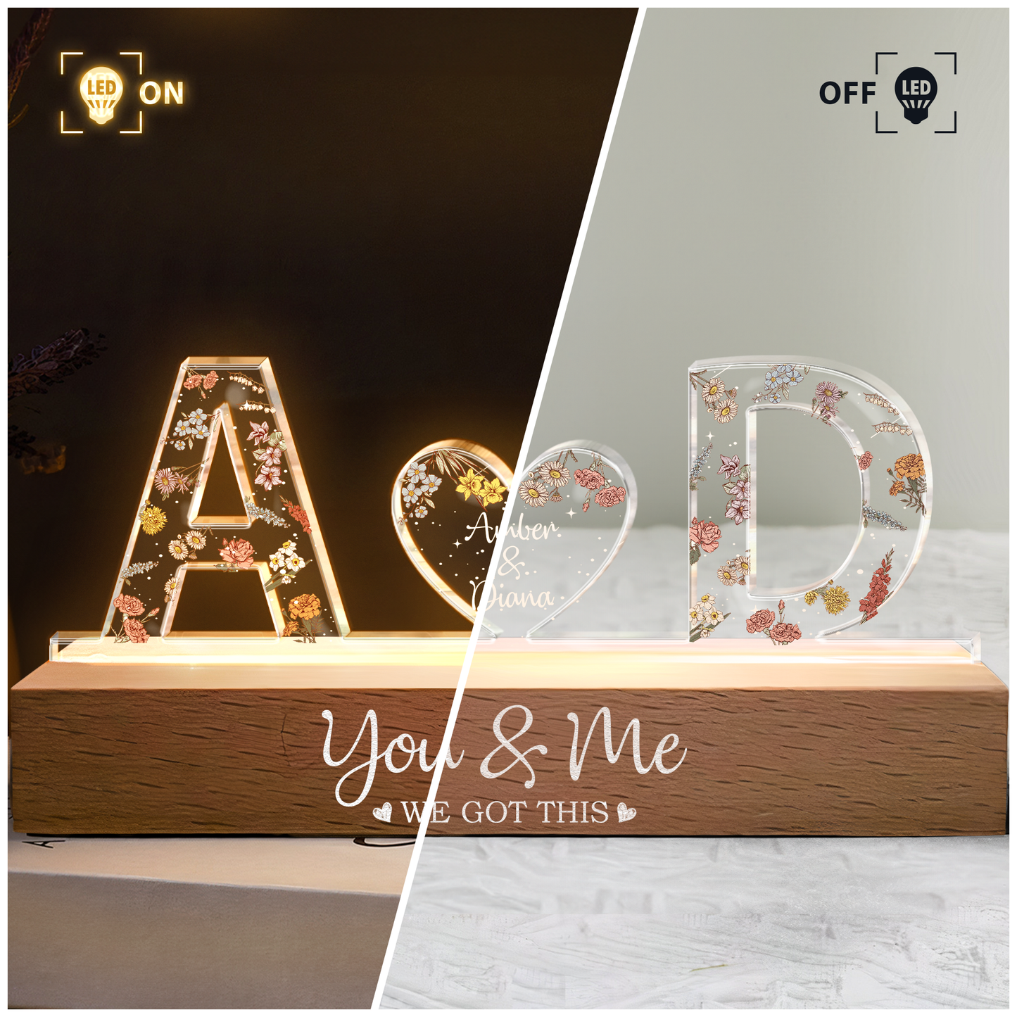 Anniversary gift lamp featuring custom initials, heart with names, and warm LED glow.
