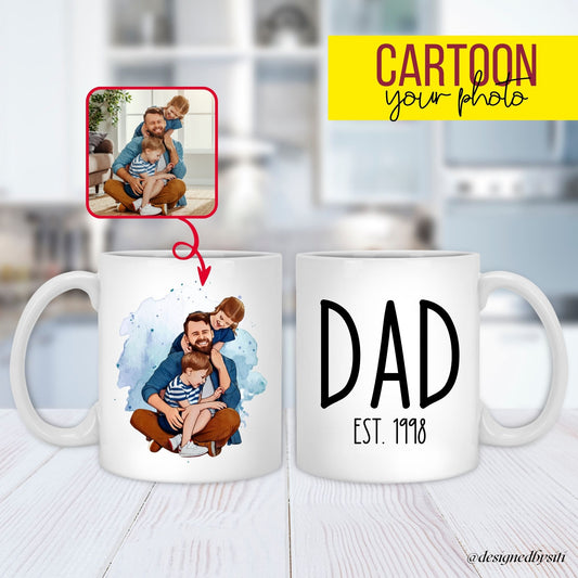 Custom Dad Mug Photo Gift Father Birthday Present Papa Coffee Cup Personalized Portrait Design Watercolor Artwork Family Keepsake Special Memory Collection Ceramic Drinking Vessel Custom Establishment Year Premium Quality Construction