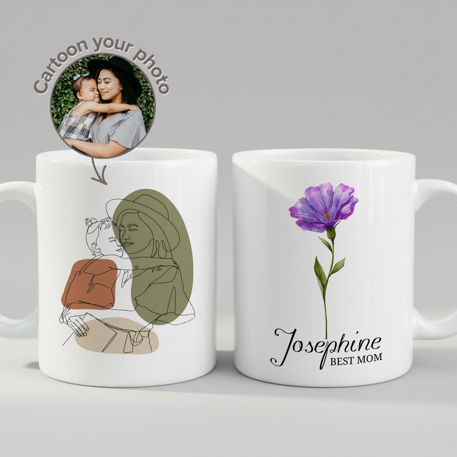 Personalized Boho Line Art Mother & Child Mug – Custom Name & Flower