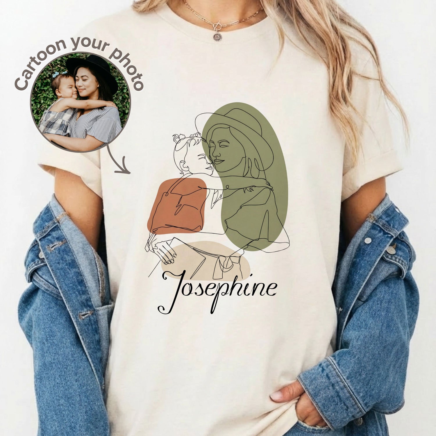 Custom Boho Line Art Mother & Child T-Shirt – Personalized Name Tee