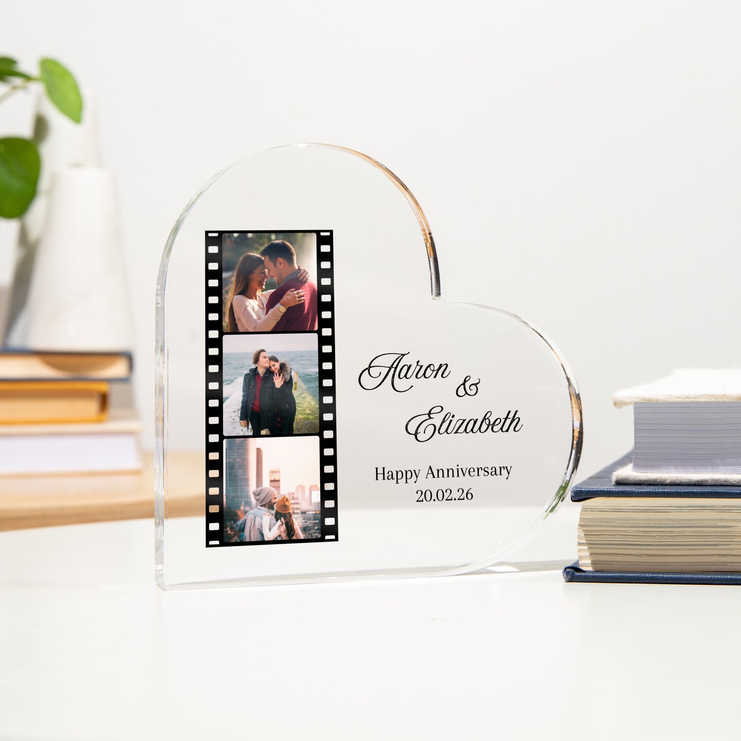 Custom Heart Acrylic Plaque - Anniversary Gift for Couple - 3-Photo Film Strip