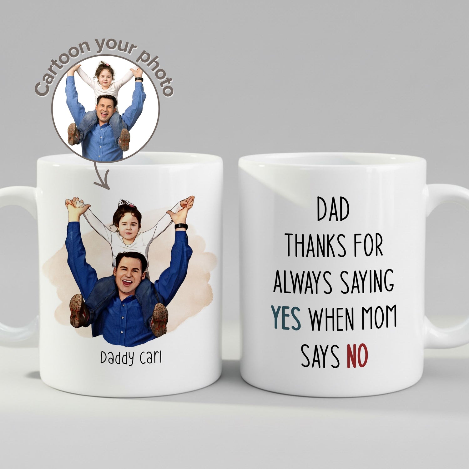 Custom Cartoon Dad Saying Yes Mom Says No Mug