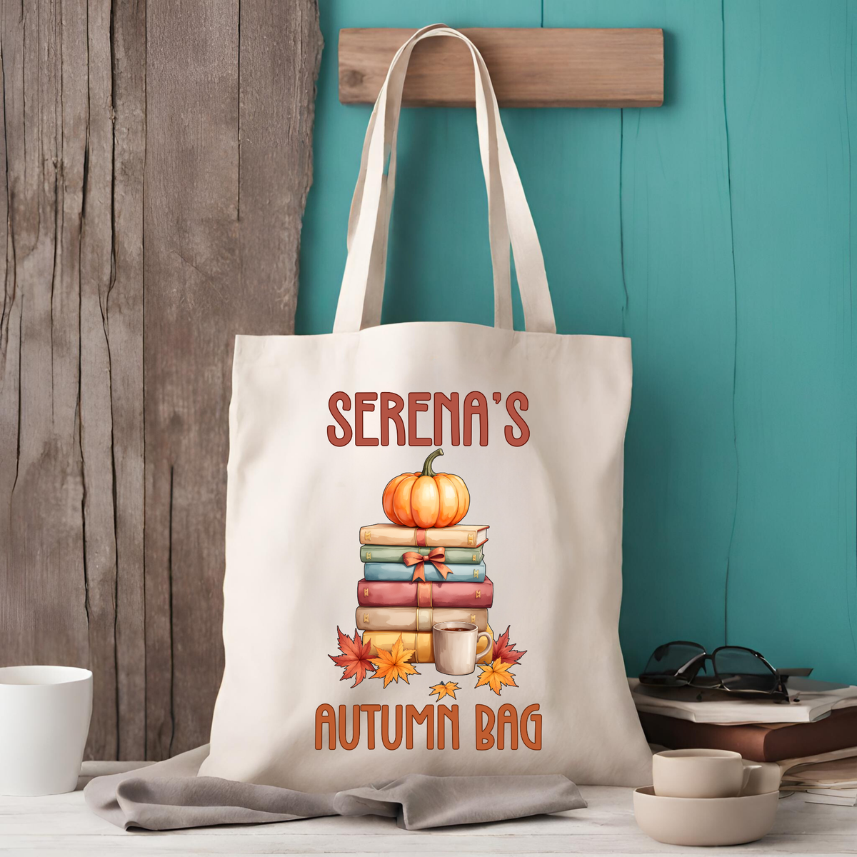 Personalised Pumpkin Book Stack Tote Bag - Custom Name Autumn Coffee Gift