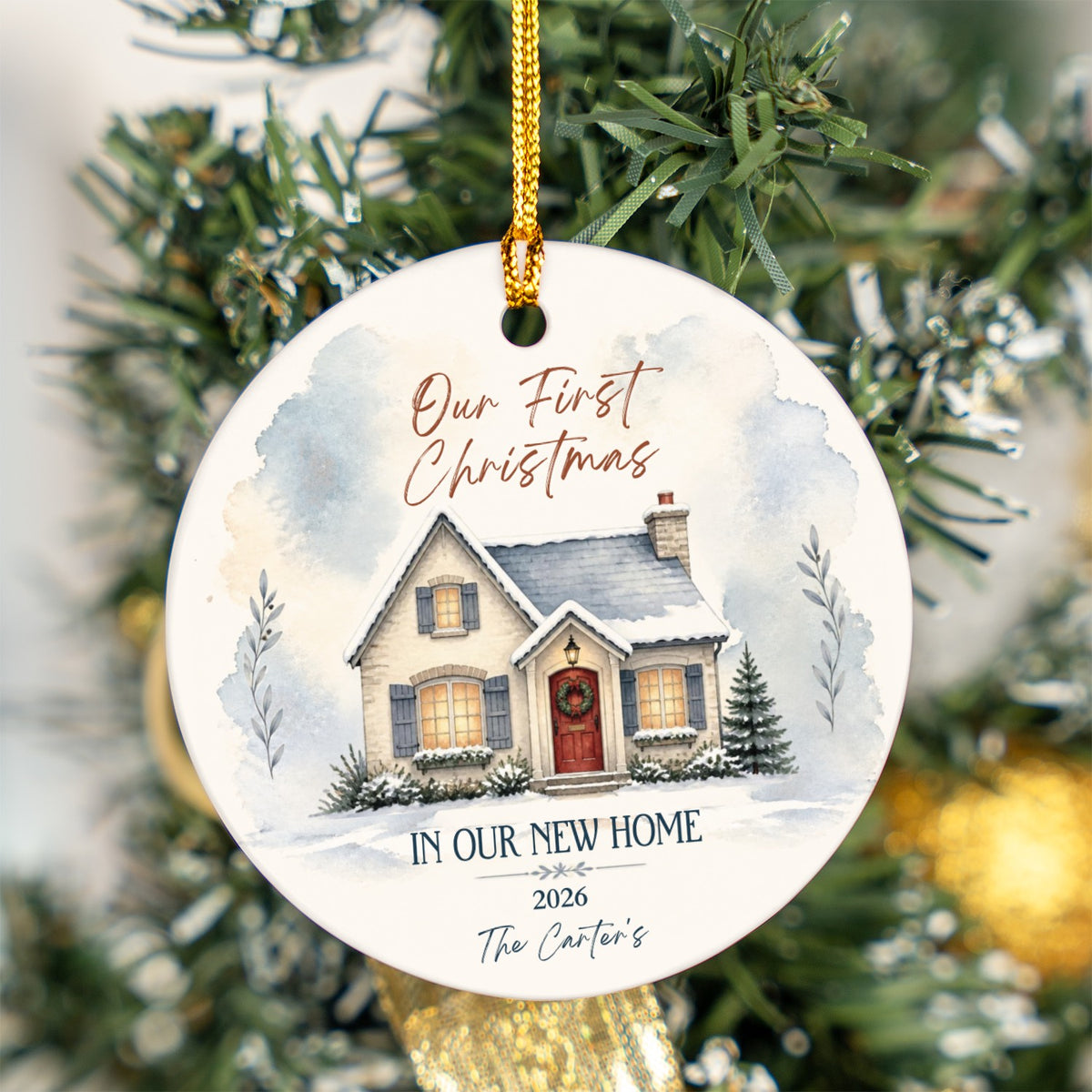 Personalised New Home Ornament - Our First Christmas Snowy Cottage Red Door