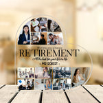 Collage of a woman at work with a 'Happy Retirement' message on a wooden surface.