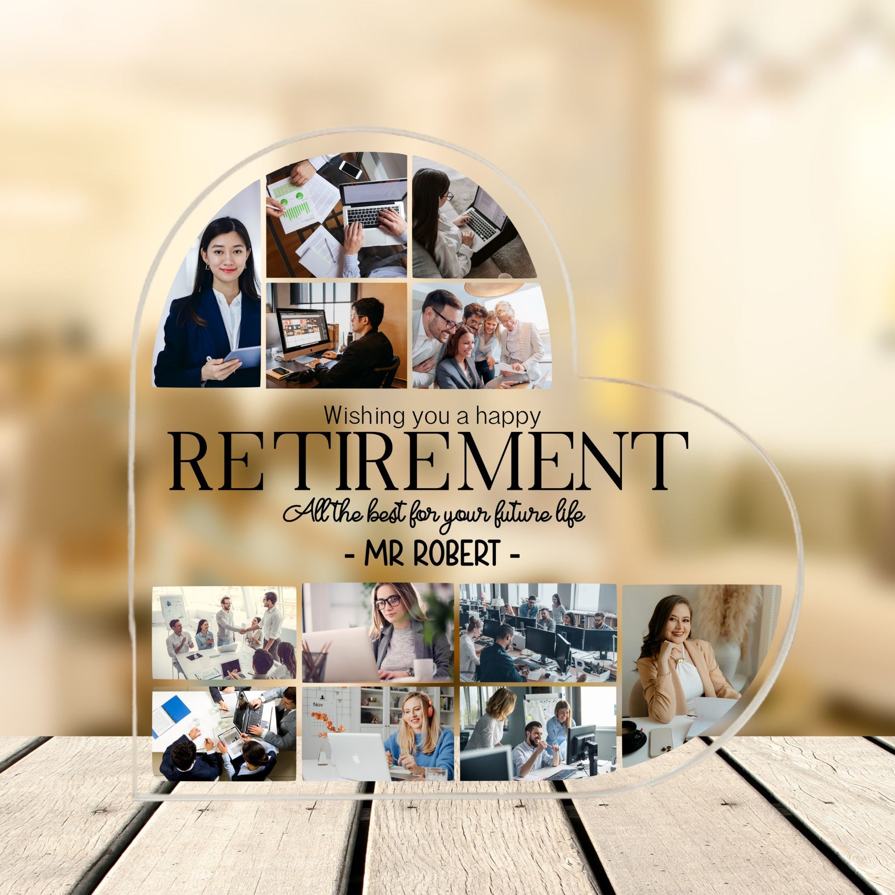 Collage of a woman at work with a 'Happy Retirement' message on a wooden surface.