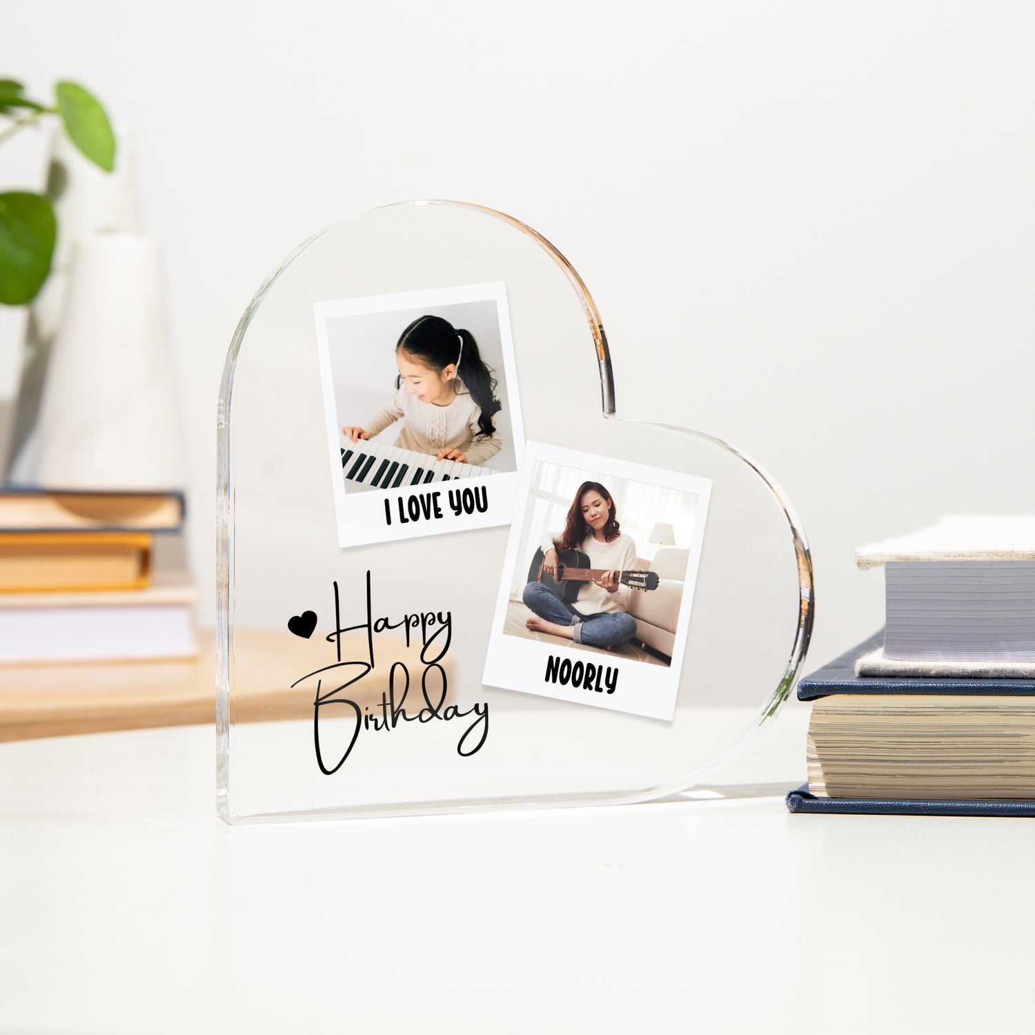 Personalised Heart Acrylic Photo Plaque - Happy Birthday Polaroid Collage