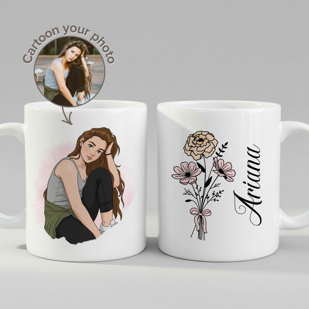 Personalised Photo Mug Cartoon Portrait - Custom Name Floral Birthday Gift