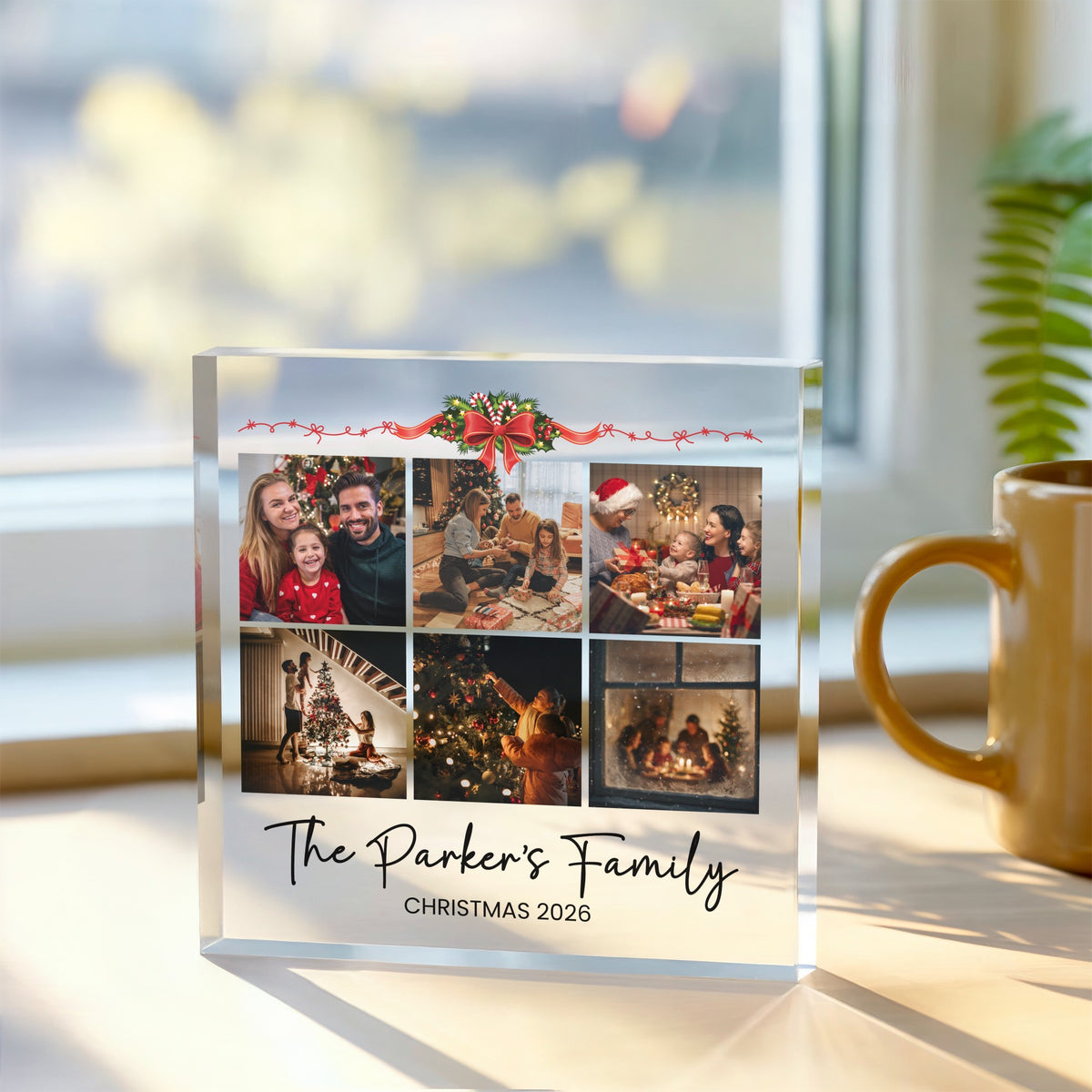 Personalised Acrylic Plaque - Family Christmas Gift - 6 Photo Collage Holly Bow