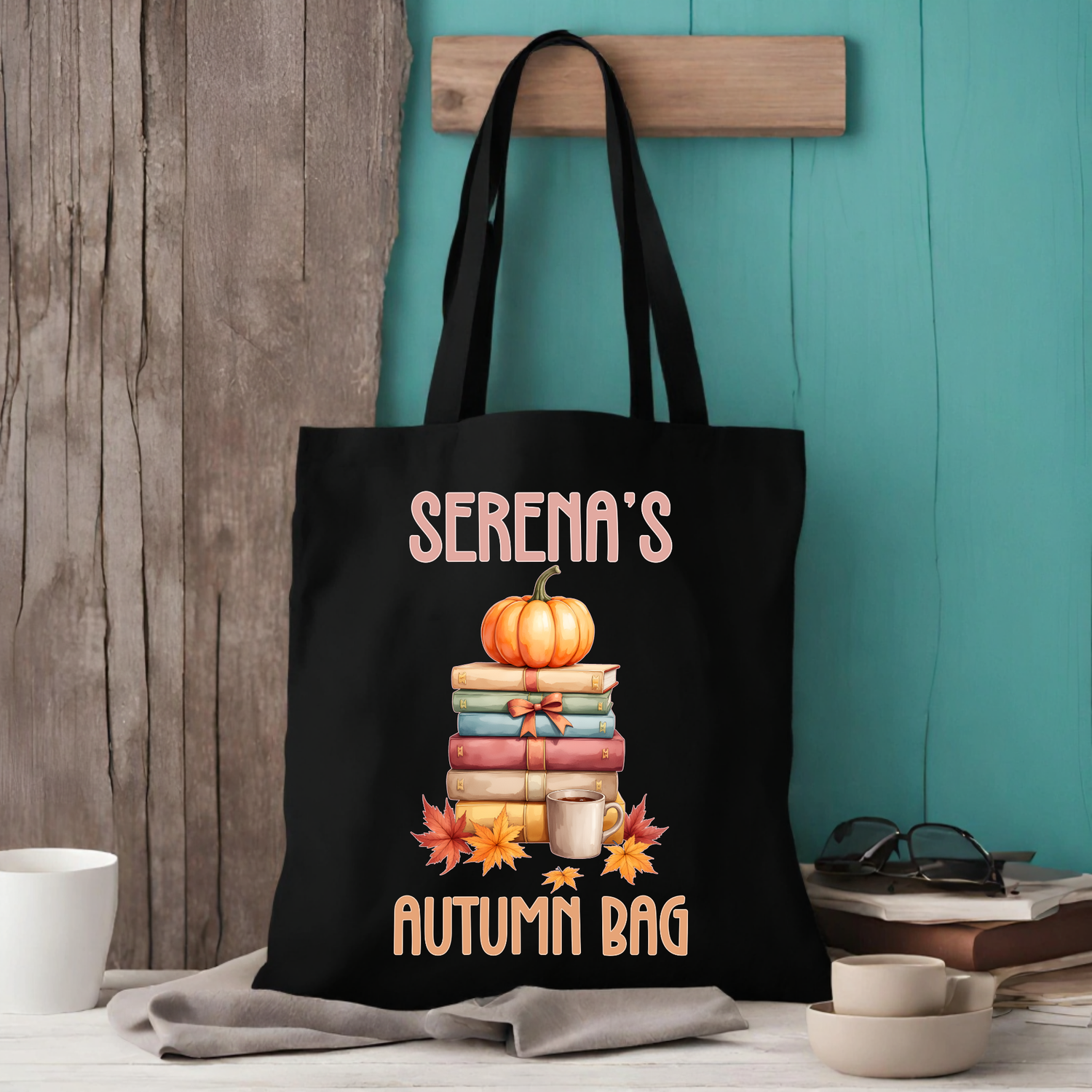 Personalised Pumpkin Book Stack Tote Bag - Custom Name Autumn Coffee Gift