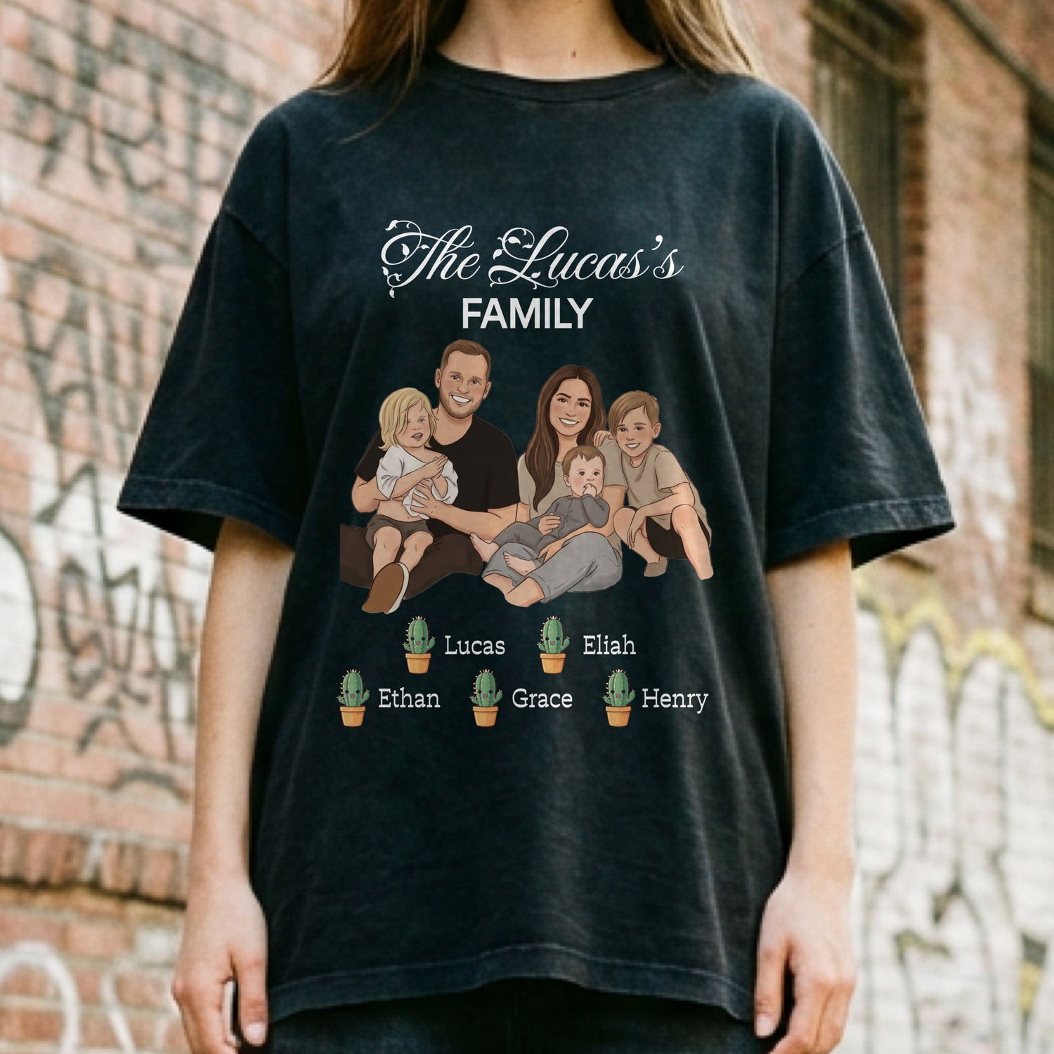 Personalized Cartoon Family T-Shirt, Custom Family Portrait with Names