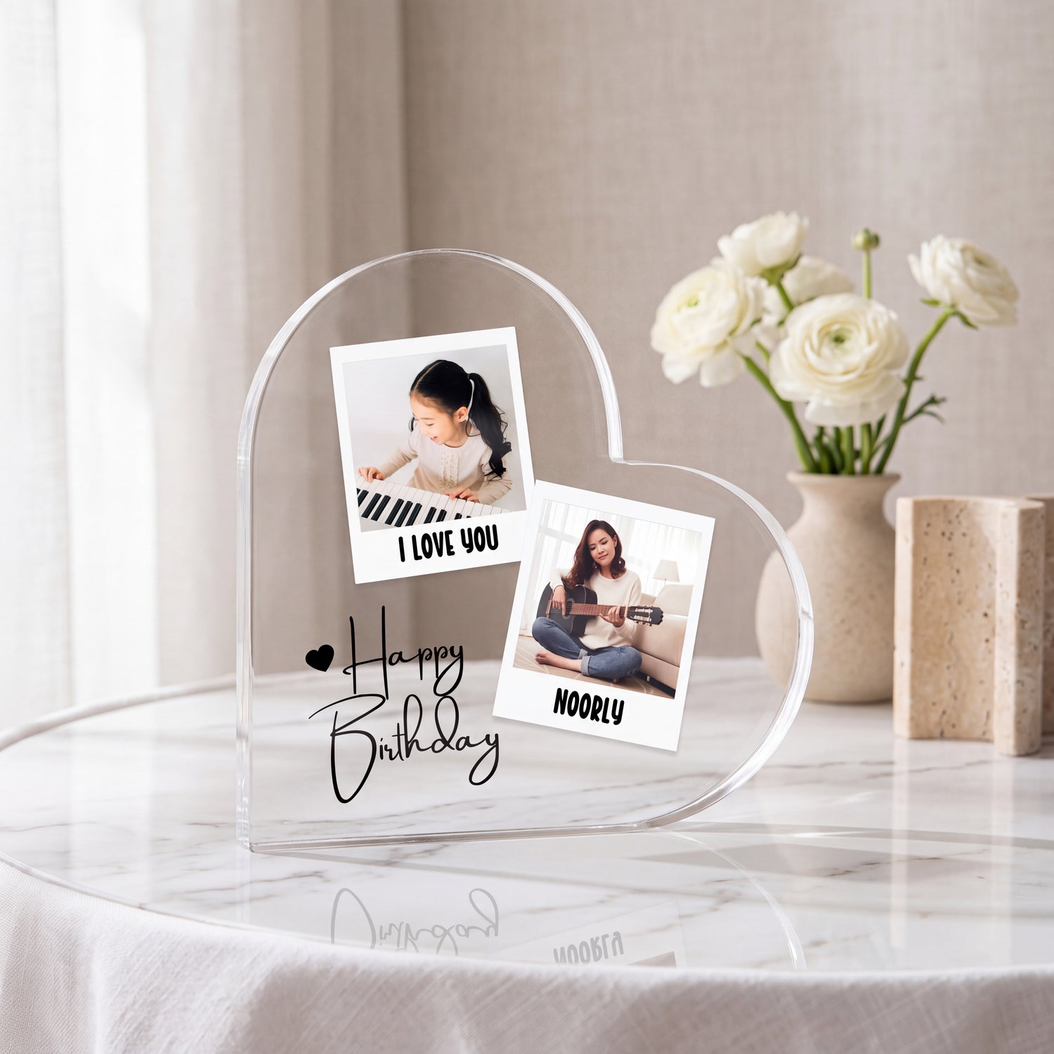 Personalised Heart Acrylic Photo Plaque - Happy Birthday Polaroid Collage