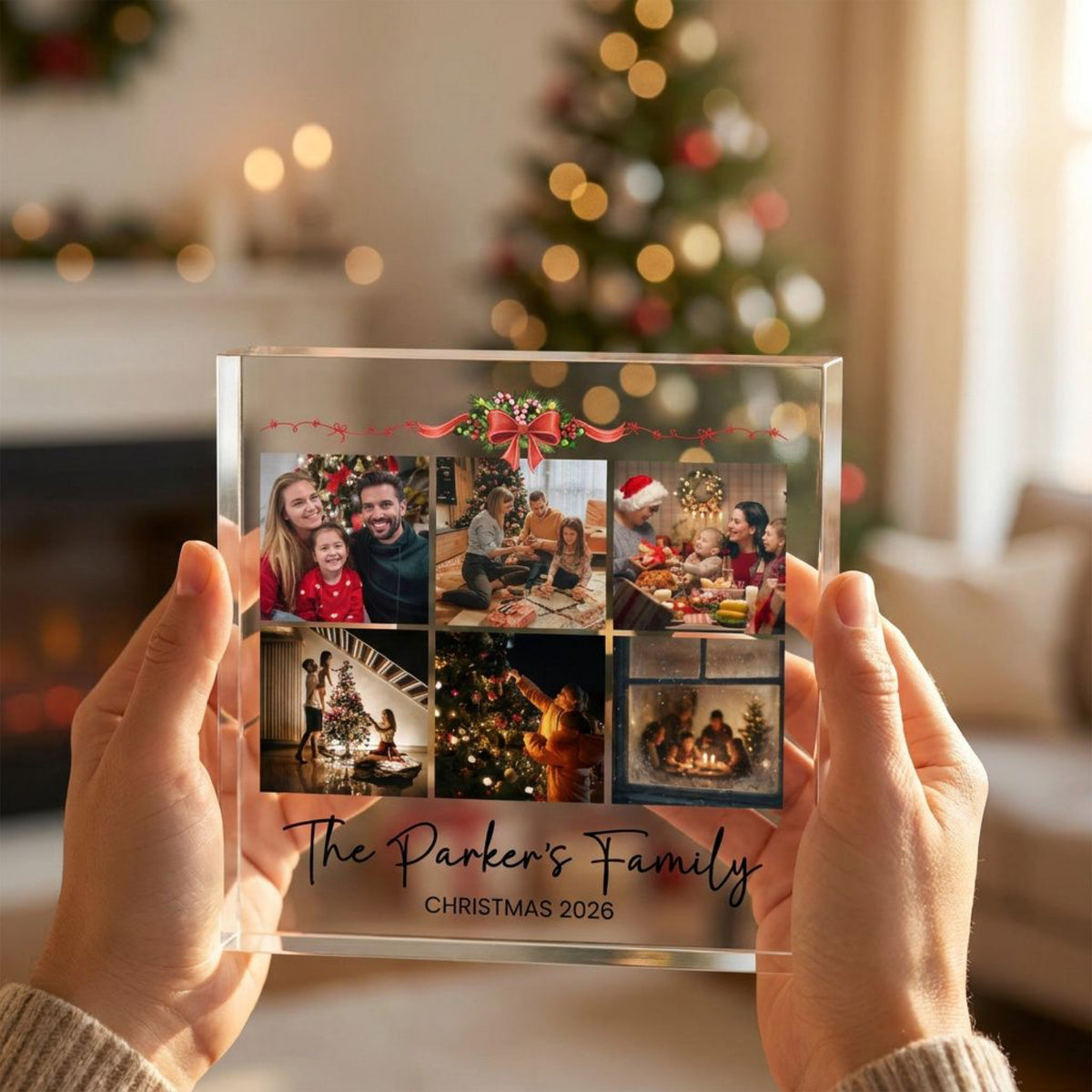 Personalised Acrylic Plaque - Family Christmas Gift - 6 Photo Collage Holly Bow