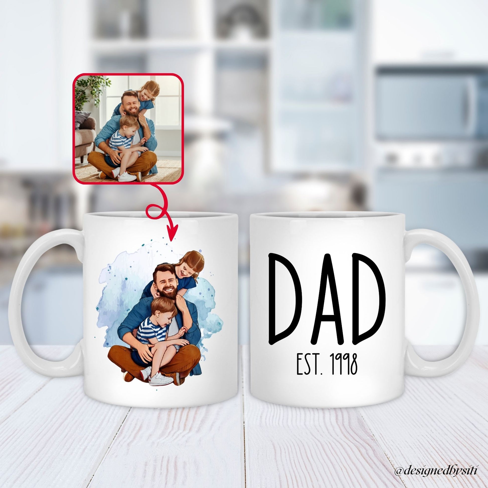 Personalized Father Gift Custom Photo Mug Special Dad Present Watercolor Portrait Design Premium Coffee Cup Family Memory Keepsake Ceramic Drinking Vessel Birthday Gift Collection Custom Establishment Year Perfect Office Essential Daily Use