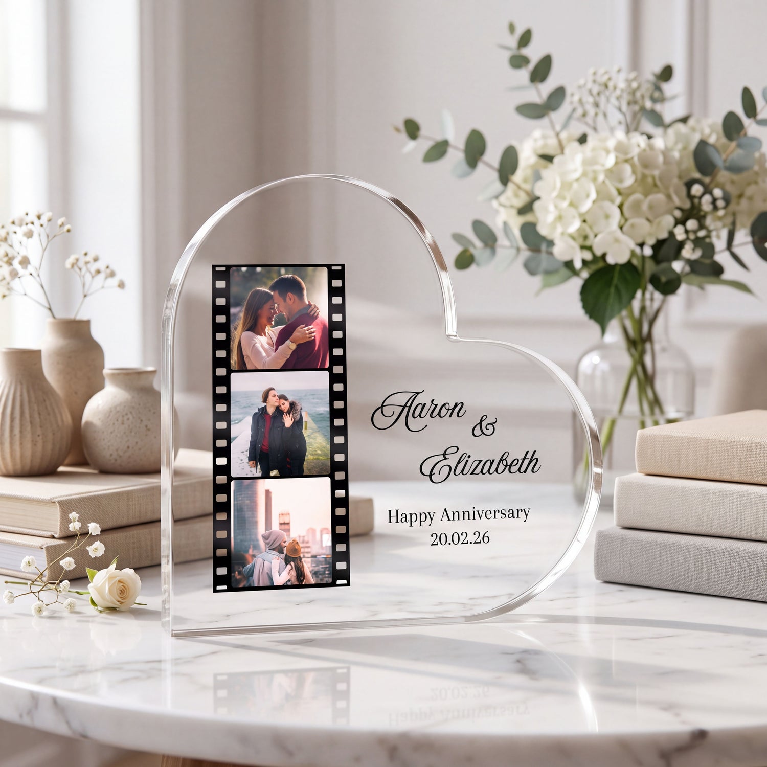 Custom Heart Acrylic Plaque - Anniversary Gift for Couple - 3-Photo Film Strip