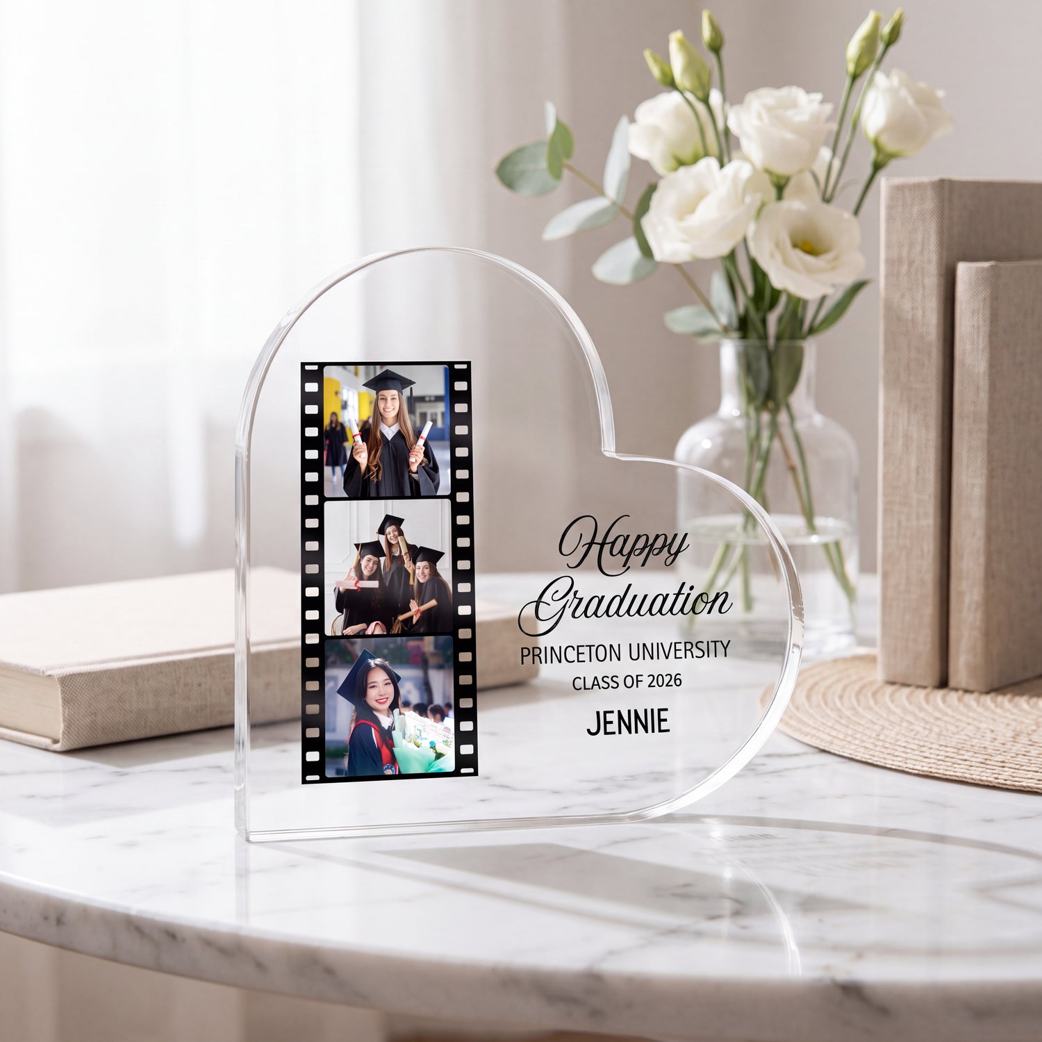 Personalised Heart Acrylic Plaque - Graduation Gift with Photo Strip & Class Year
