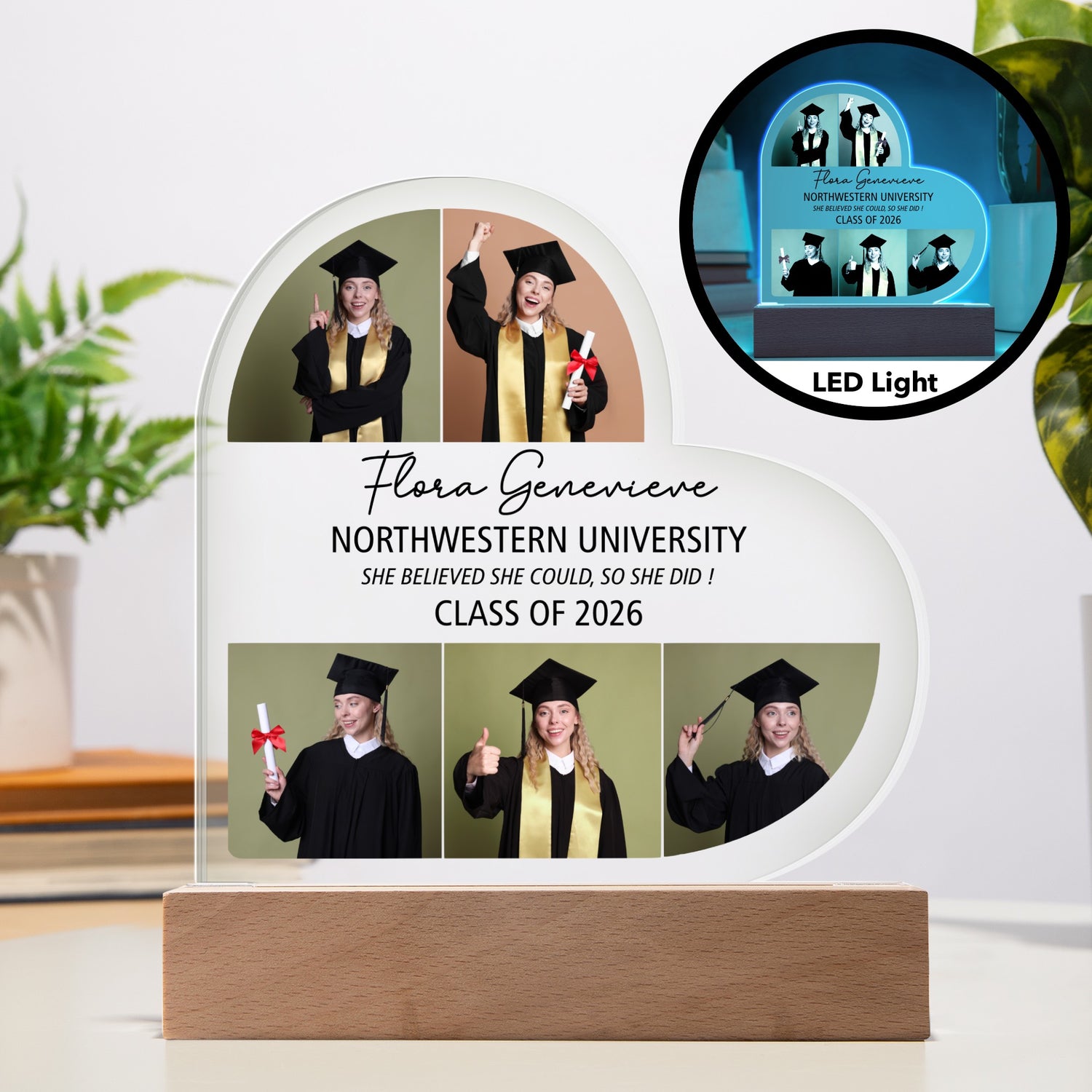 Custom Heart Acrylic Graduation Photo Plaque – Class of 2026 LED Light Gift