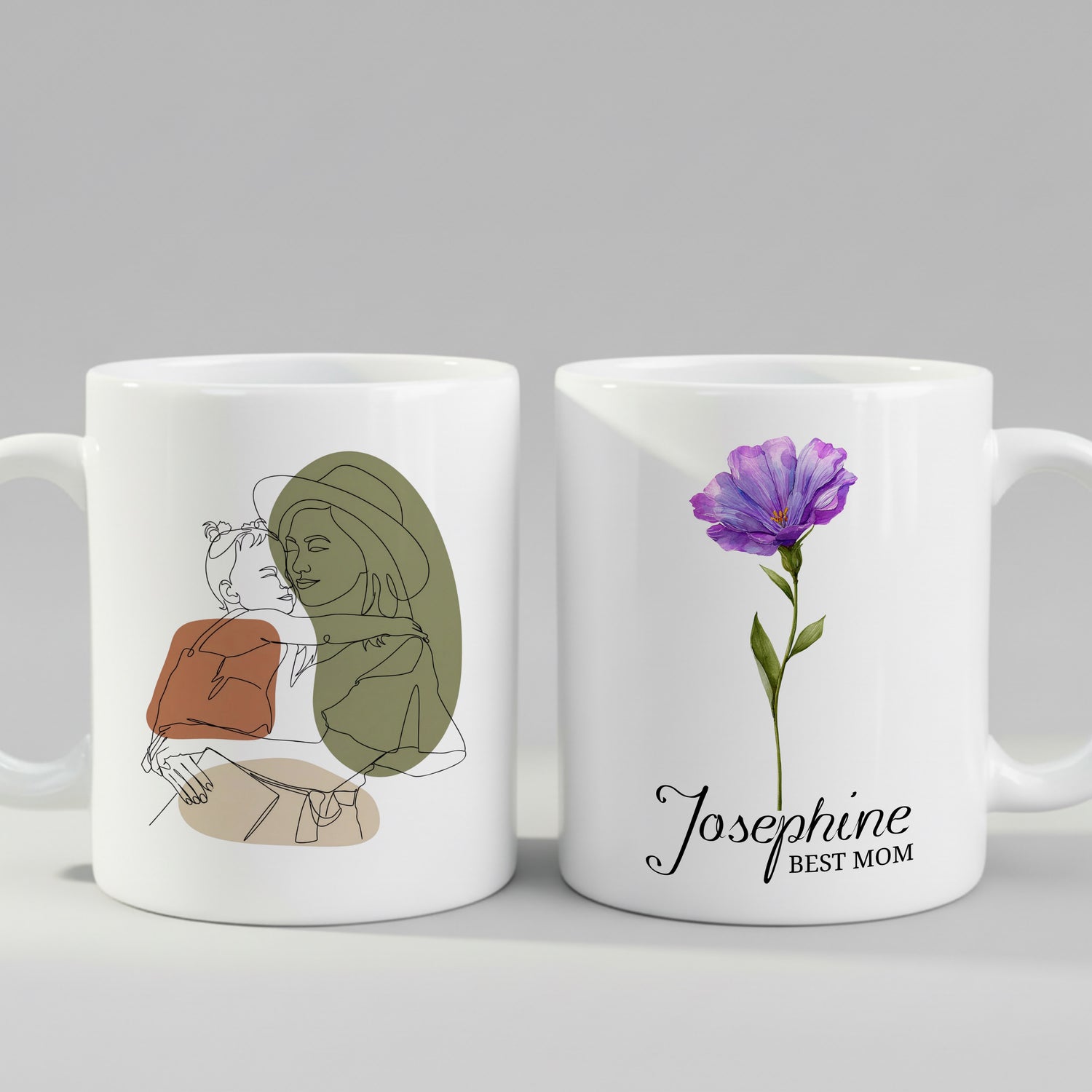 Personalized Boho Line Art Mother & Child Mug – Custom Name & Flower
