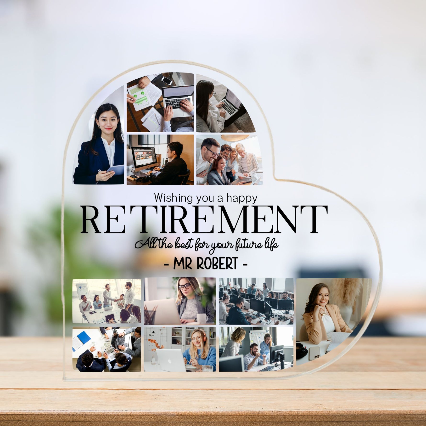 Personalized retirement collage with photos of a woman in various professional settings, displayed on a wooden surface.