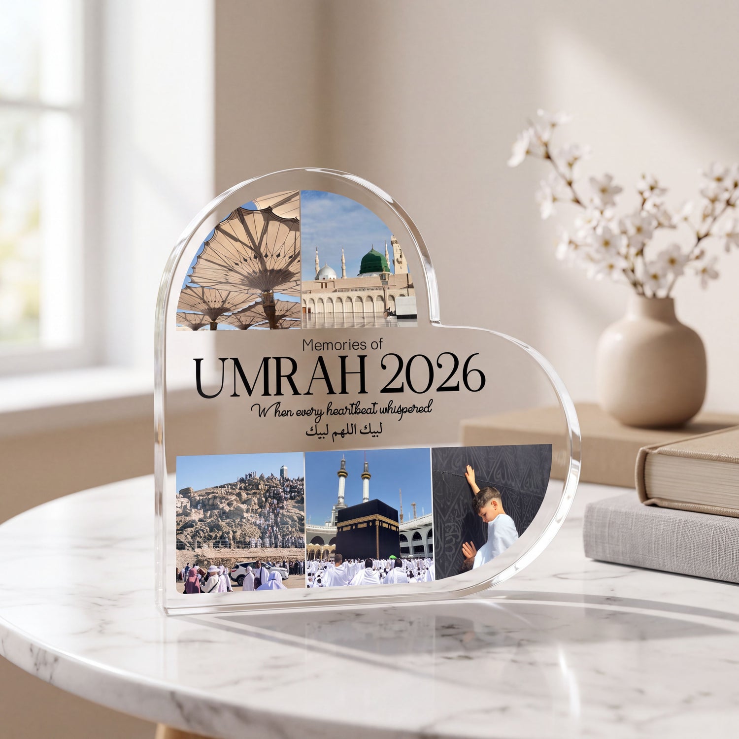 Personalised Umrah Heart Acrylic Plaque – Family Gift – Memories of Umrah 2026