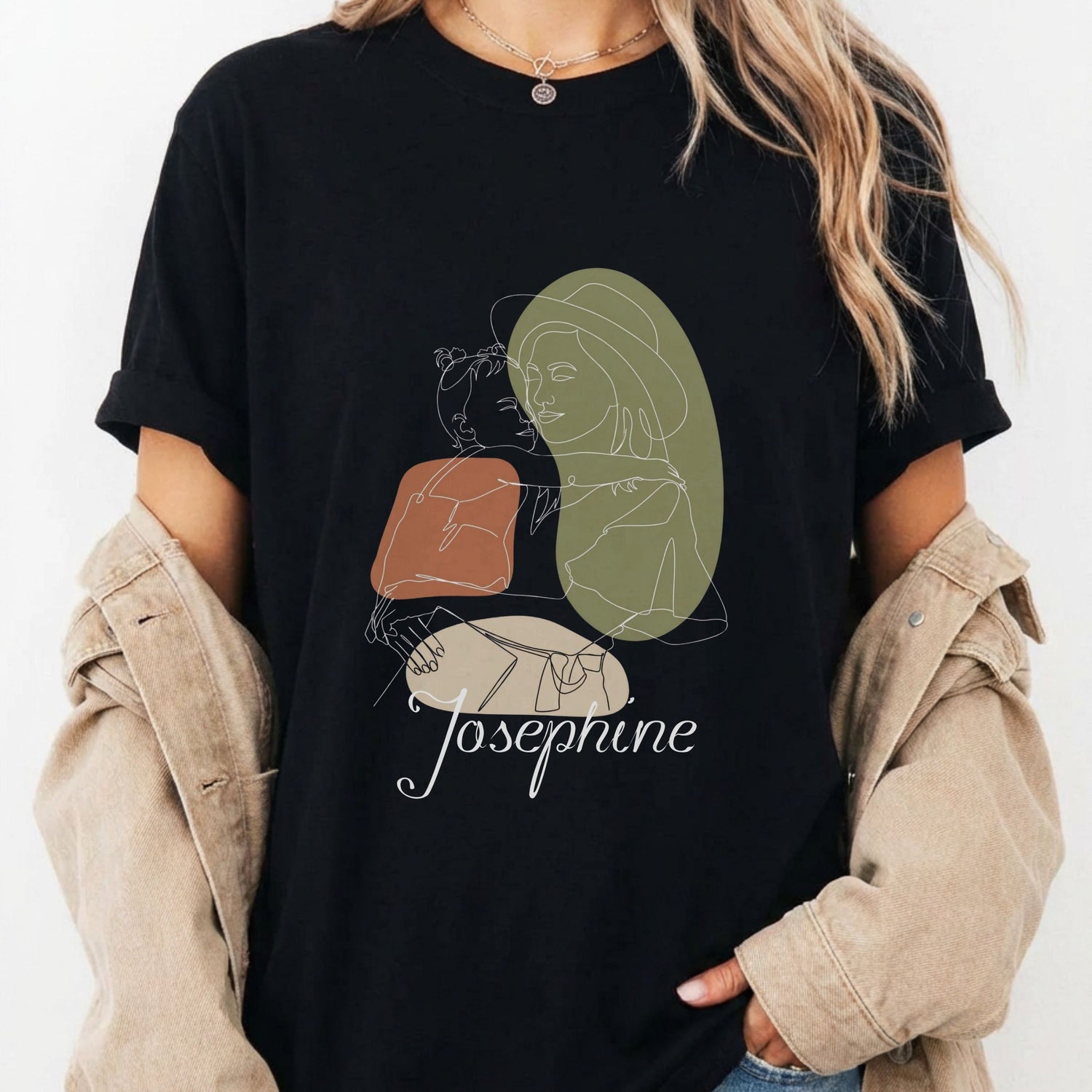 Custom Boho Line Art Mother & Child T-Shirt – Personalized Name Tee