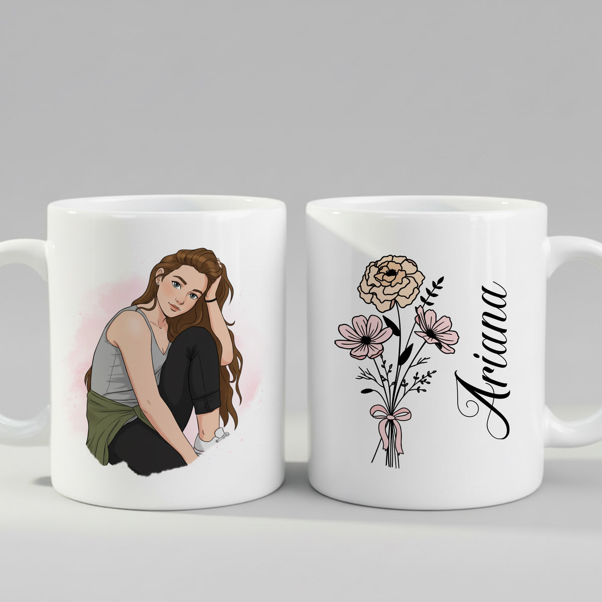 Personalised Photo Mug Cartoon Portrait - Custom Name Floral Birthday Gift