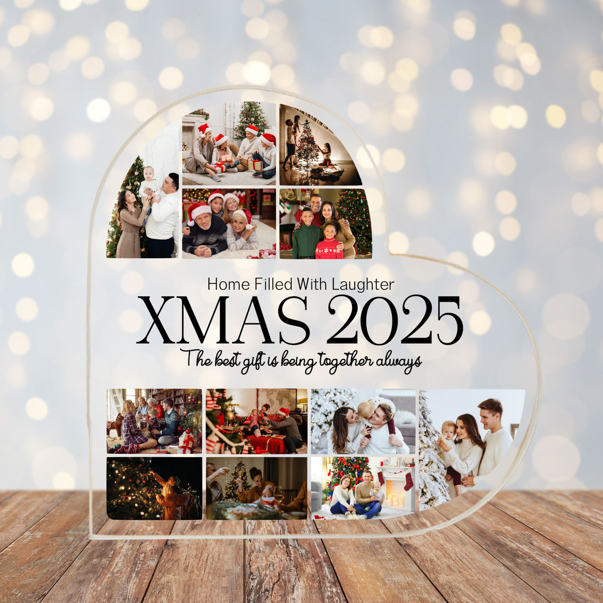 Decorative photo collage with family Christmas photos and text 'XMAS 2025' on a wooden surface with blurred lights in the background.