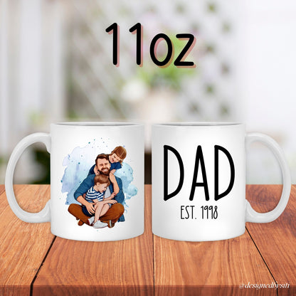 Premium Dad Gift Custom Photo Mug Personalized Father Present Watercolor Portrait Design Special Coffee Cup Family Memory Collection Ceramic Drinking Vessel Birthday Gift Essential Custom Establishment Year Perfect Office Use Beautiful