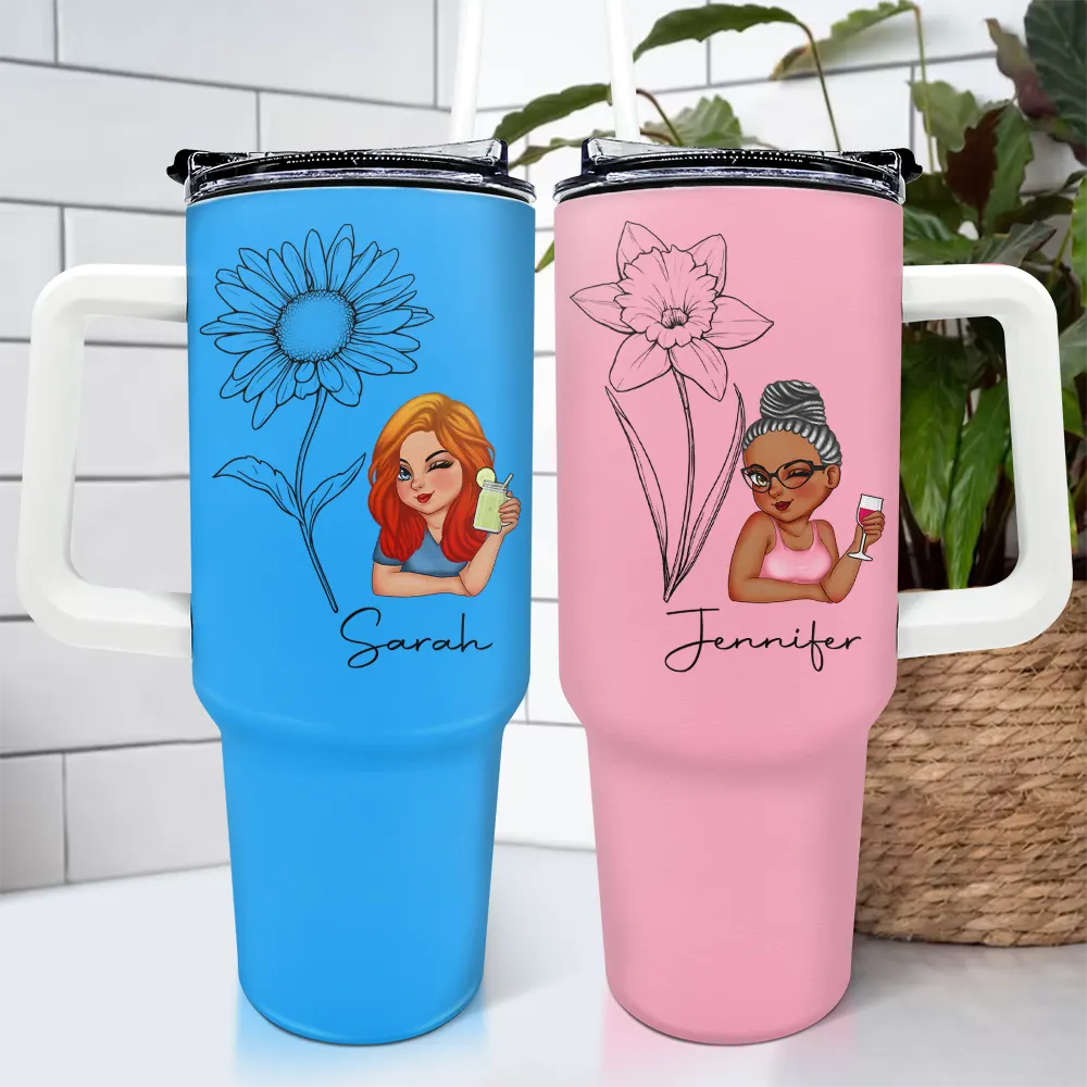 40oz custom tumbler with a plastic straw, floral artwork, and a unique character illustration.