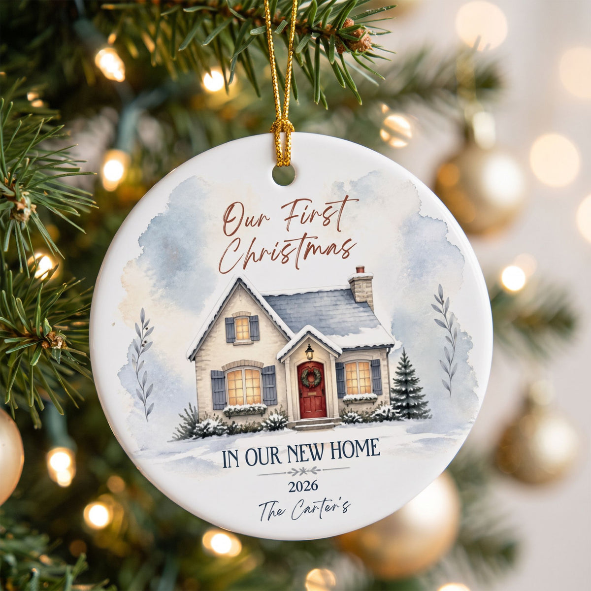 Personalised New Home Ornament - Our First Christmas Snowy Cottage Red Door