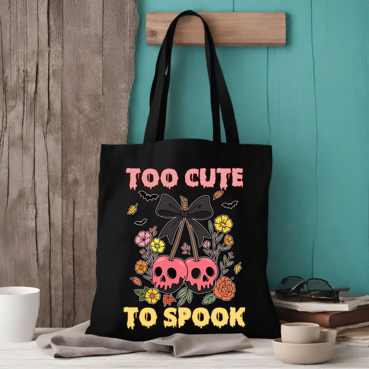 Too Cute To Spook Tote Bag - Halloween Skull Cherry Canvas Tote for Her