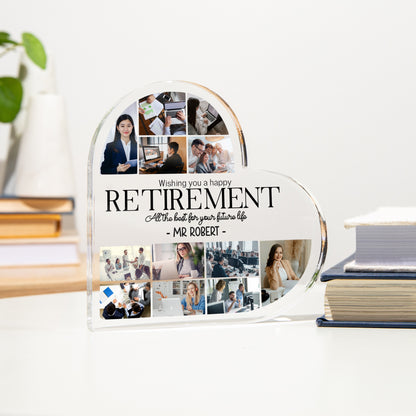 Personalized retirement photo collage plaque with a heart shape on a white surface.