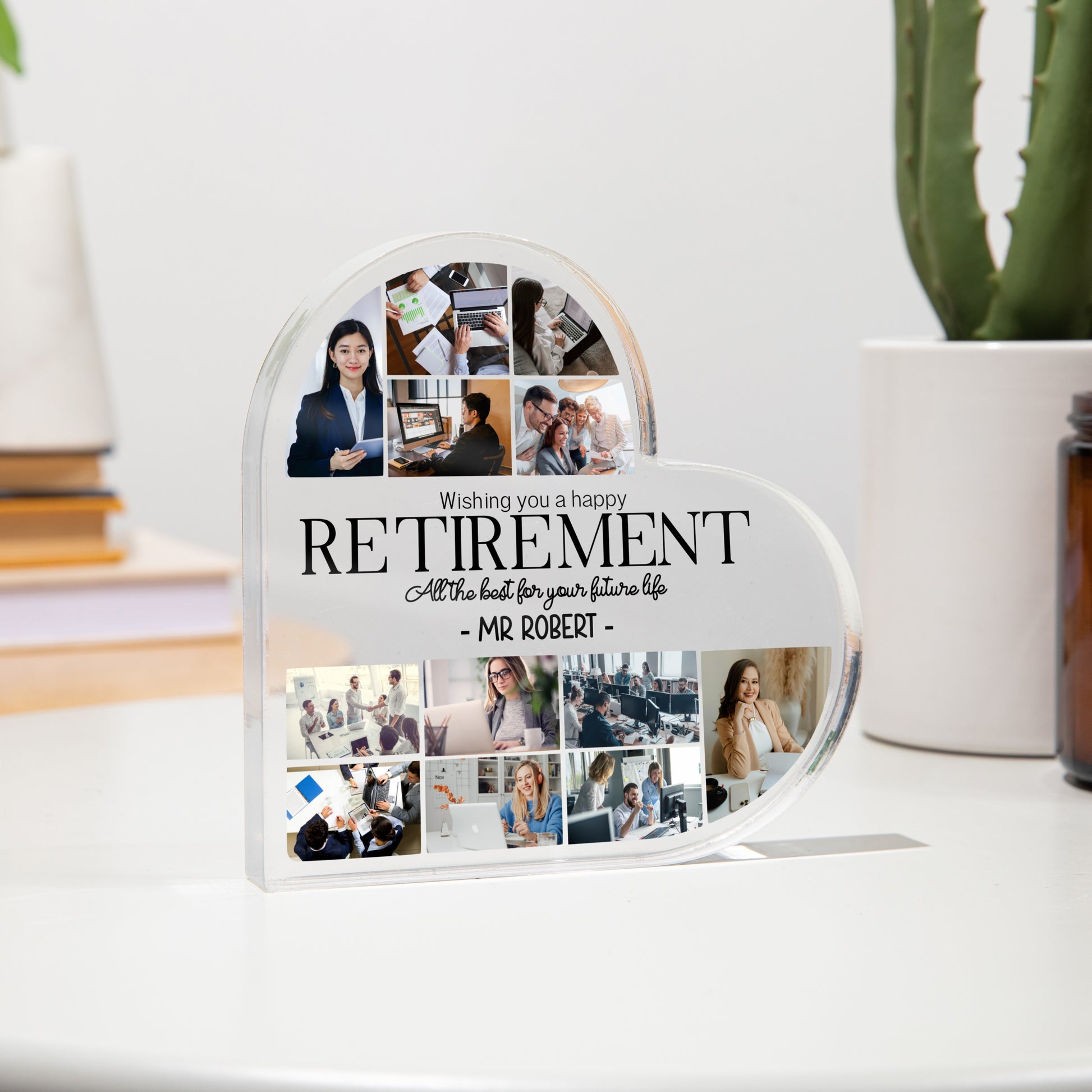 Personalized retirement photo collage display with text on a white surface.