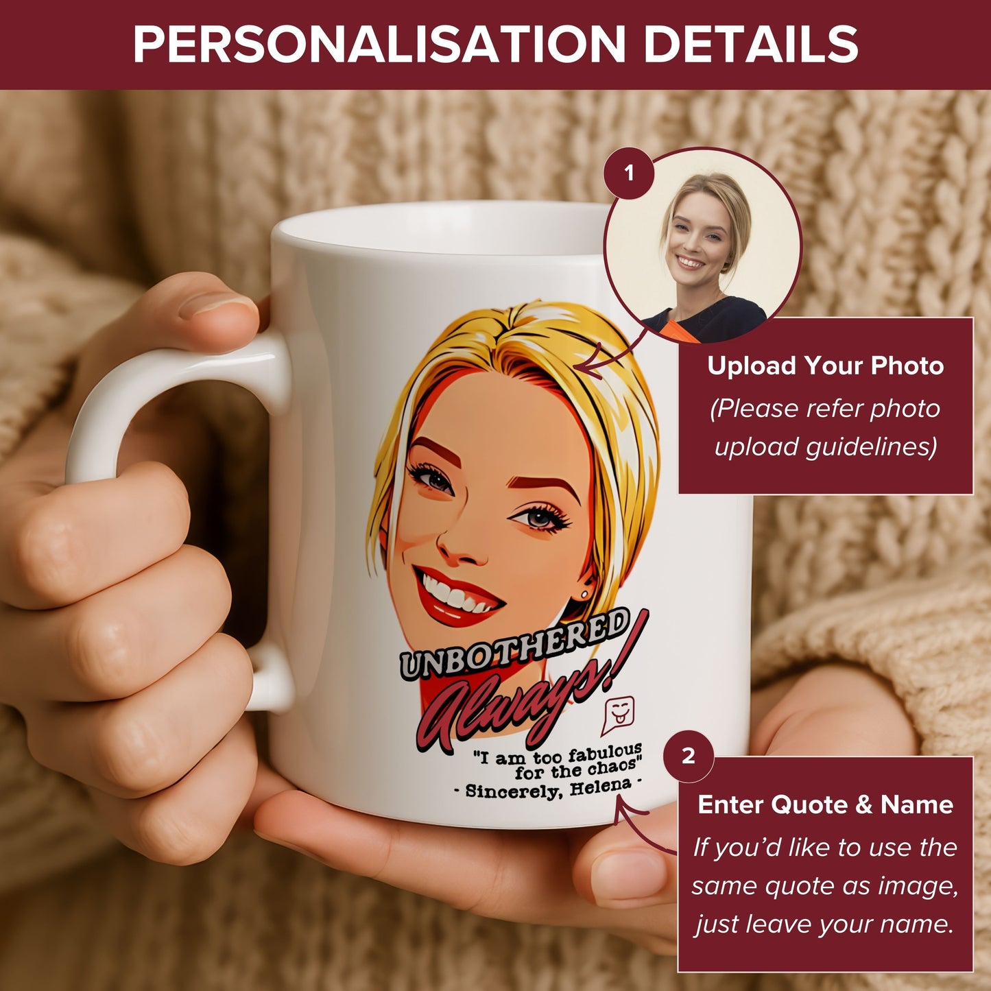 Custom Cartoon Photo Mug - Personalized Portrait Coffee Mug Gift - Unbothered Always Funny Quote