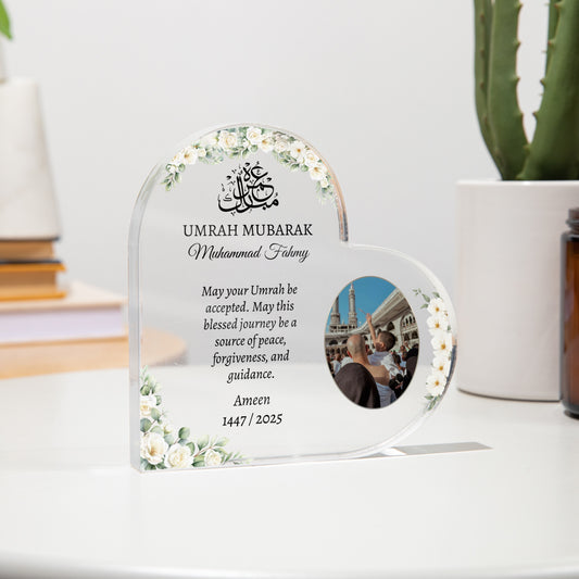 Personalized Umrah Mubarak Heart Acrylic Plaque - Custom Name Photo Block Gift