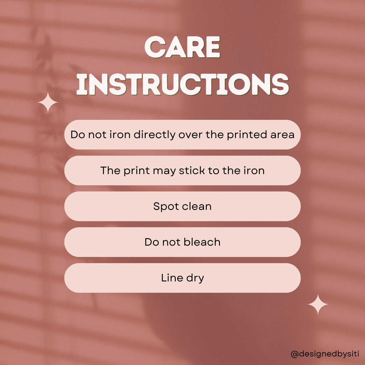 Care instructions text on a blurred background
